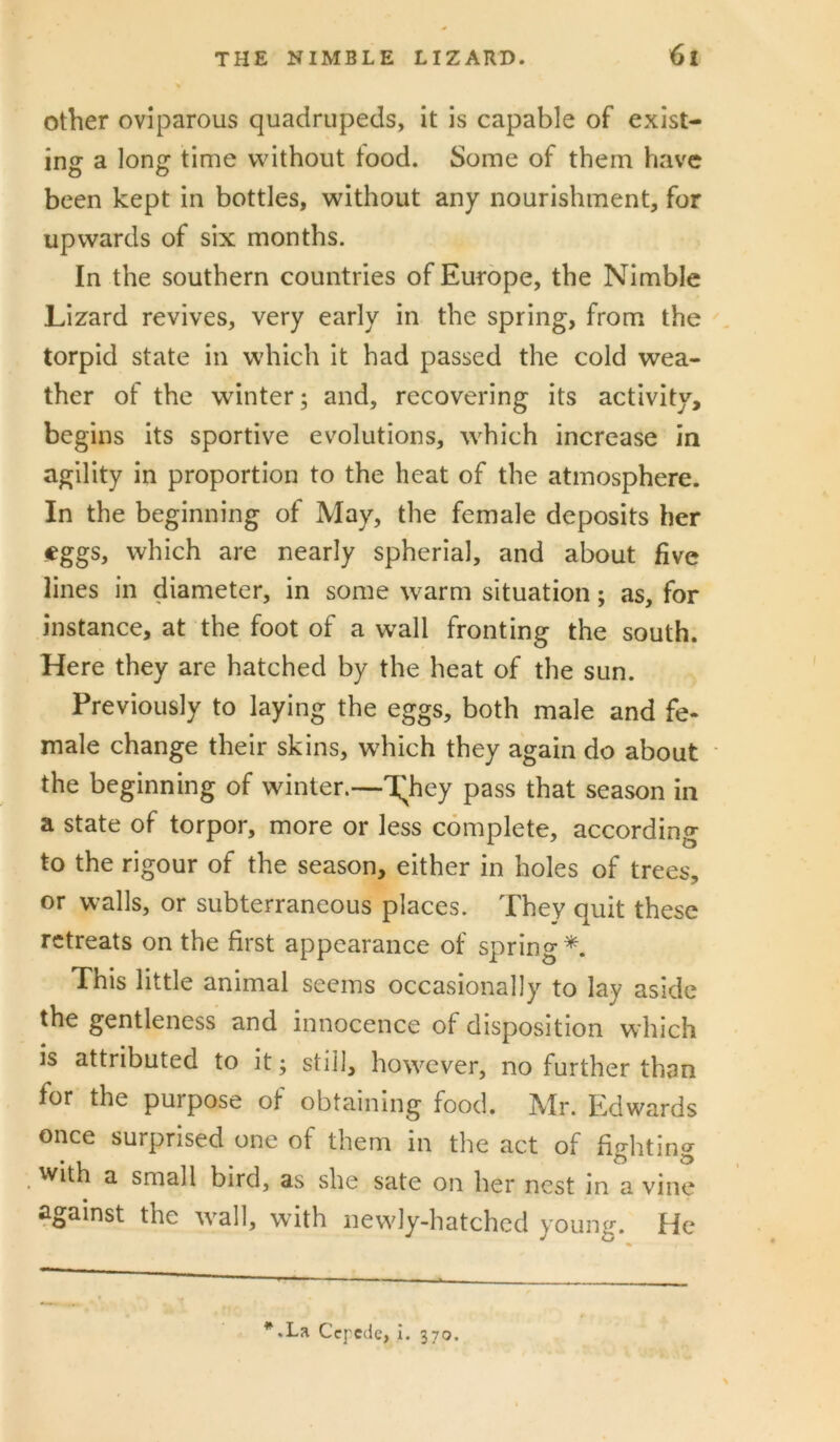 Other oviparous quadrupeds, it is capable of exist- ing a long time without food. Some of them have been kept in bottles, without any nourishment, for upwards of six months. In the southern countries of Europe, the Nimble Lizard revives, very early in the spring, from the torpid state in which it had passed the cold wea- ther of the winter; and, recovering its activity, begins its sportive evolutions, which increase in agility in proportion to the heat of the atmosphere. In the beginning of May, the female deposits her eggs, which are nearly spherial, and about five lines in diameter, in some warm situation; as, for instance, at the foot of a wall fronting the south. Here they are hatched by the heat of the sun. Previously to laying the eggs, both male and fe- male change their skins, which they again do about the beginning of winter.—Tl^hey pass that season in a state of torpor, more or less complete, according to the rigour of the season, either in holes of trees, or walls, or subterraneous places. They quit these retreats on the first appearance of spring*. This little animal seems occasionally to lay aside the gentleness and innocence of disposition which is attributed to it; still, however, no further than for the purpose of obtaining food. Mr. Edwards once surprised one of them in the act of fighting with a small bird, as she sate on her nest in a vine against the wall, with newly-hatched young. He