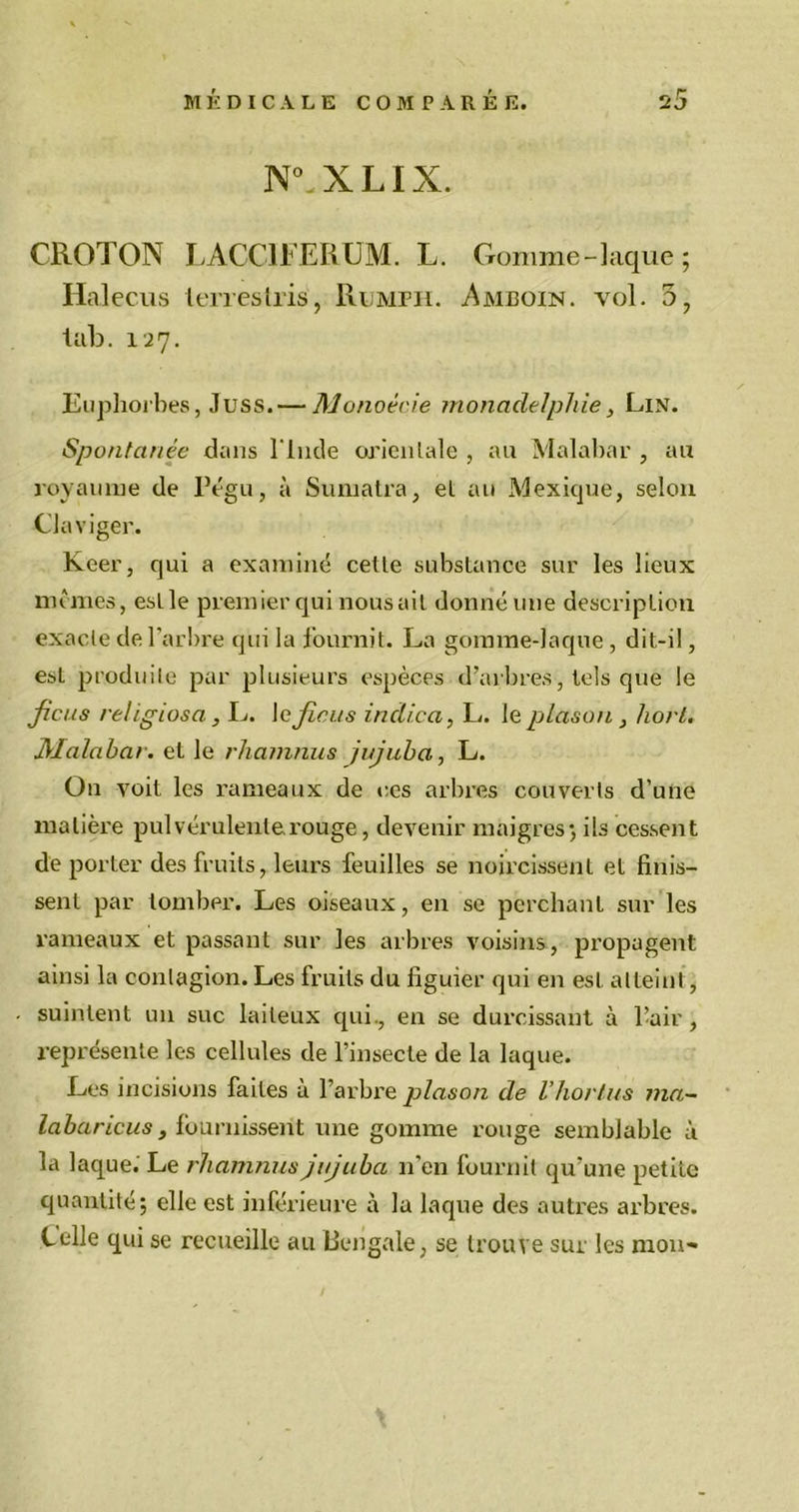 NAXLIX. CROTON LACC1FERUM. L. Gomme-laque; Halecus terres Iris, Rumph. Ameoin. vol. 5, tab. 127. Euphorbes, Juss. — Monoécie moncidelpliie, Lin. Spontanée dans l'Inde orientale , au Malabar , au royaume de Pégu, à Sumatra, et au Mexique, selon Claviger. Keer, qui a examiné cette substance sur les lieux mêmes, eslle premier qui nousail donné une description exacte de l’arbre qui la fournit. La gomme-laque , dit-il, est produite par plusieurs espèces d’arbres, tels que le ficus religiosa, L. \cfiicus incli.ca, L. le plason, Jiort. Malabar, et le rhamnus jujuba, L. O11 voit les rameaux de ces arbres couverts d’une matière pulvérulente rouge, devenir maigres; ils cessent de porter des fruits, leurs feuilles se noircissent et finis- sent par tomber. Les oiseaux, en se perchant sur les rameaux et passant sur les arbres voisins, propagent ainsi la contagion. Les fruits du figuier qui en esL atteint, suintent un suc laiteux qui., en se durcissant à l’air, représente les cellules de l’insecte de la laque. Les incisions faites à l’arbre plason de Vhovtus ma- labaricus, fournissent une gomme rouge semblable à la laque. Le rhamnus jujuba 11'en fournit qu’une petite quantité; elle est inférieure à la laque des autres arbres. Celle qui se recueille au Bengale, se trouve sur les mon-