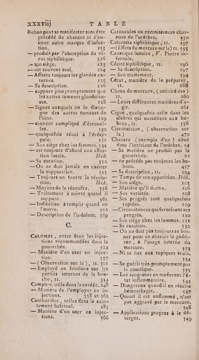 Bubon peut se manifester sans être précédé de chancre ni d’au- cune autre marque d’infec- tion. 113 — produit par l’absorption du vi- rus siphilitique. 116 v= Son siège. 123 — est souvent seul. 124 — Affecte toujours les glandes ex- ternes. 125 — Sa description. 126 — suppure plus promptement qué les autres tumeurs glanduleu- ses. 128 — Signes auxquels on le distin- gue des autres tumeurs de laine. 129 -— souvent compliqué d’écrouel- Less 130 — quelquefois réuni a l’érésy- pele. 131 — Son siège chez les femmes. 134 — est toujours d’abord une affec- tion locale. Ibid. — Sa curation. 552 — On ne doit jamais en exciter la suppuration, — Toujours en tenter la résolu- tion. Ibid. — Moyens de le résoudre. 556 — Traitement à suivre quand il suppure. 561 — Indication aremplir quand on l'ouvre. . 562 — Description de l’indolent. 569 C. CALOMEL , entre dans les injec- tions recommandées dans la gonorrhée. 124 — Manière den user en injec- tion. ; 557 — ( Observation sur. le ), 11. 301 — Employé en frictions sur les parties internes de la bou- che gil 314 Camphre, utile dans lacordée, 248 — Manière de l’employer en in- jections. 558 et 562 * Cantharides , utiles dans le suin- tement habituel, 285 — Manière d’en user en injec- tions. 566 Caroncules ou excroissances char nues de l’urèthre, 330 Cataracte siphilitique , 11. 197 —(Effets du mercure sur la} 11. 595 Caustique lunaire , V. Pierre in- fernale, Cécité siphilitique, 11. 196 — Sa description. 197 — Son traitement. 594 Cérat, manière de le préparer, 11. 688 Chaux de mercure, (activité des ) 11. 260. — Leurs différentes manières d’a- gir. 261 Cigue , quelquefois utile dans les ulcères qui succèdent aux bu- bons, 11. 556 Circoncision , ( observation sur la ) 470 Chancre (exemple d’un ) situé dans l’intérieur de l’urèthre. 14 — Sa matière ne produit pas la gonorrhée. 21 — he précéde pas toujours les bu- bons. | 457 — Sa description , 11. 104 — Temps de sonapparition. Ibid. — Son siége. 105 — Matière qu’il done. 106 —— Ses variétés. 108 — Ses progrès sont quelquefois rapides. 109 —Circonstances quifavorisentses progrès. 110 — Son siége chez les femmes. 141 — $a curation. 532 — On ne doit pas toujoursse bor- ner pour en obtenir la guéri- son, à l’usage interne du mercure. 533 — Nise fer aux topiques seuls, pak 534 — Se guérit très-promptement par le caustique. 535 — Les sang-sues en moderent l’é tat inflammatoire. hémorrhagie. s47 — Quand il est enflammé , n’est pas aggravé par le mercure. 548 — Applications propres à le dé- terger, 549