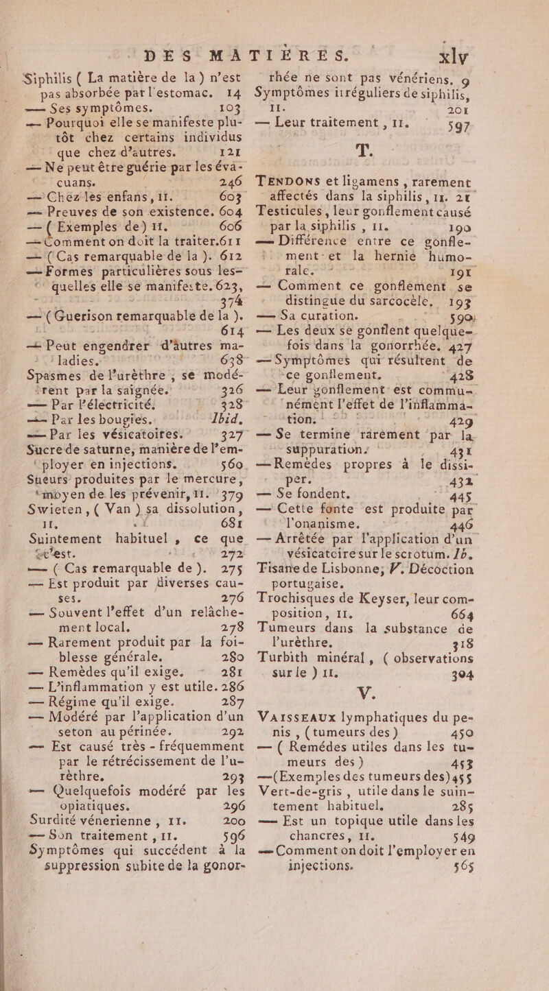 Siphilis ( La matière de la) n’est pas absorbée pat l'estomac. 14 — Ses symptômes. 103 — Pourquoi elle se manifeste plu- tôt chez certains individus que chez d’autres. 121 — Ne peut être guérie par les éva- / cuans. ee 246 — Chez les enfans, 11. — Preuves de son existence. 604 — ( Exemples de) 11. 606 — Comment on dcit la traiter.611 — (Cas remarquable de la ). 612 ‘: quelles elle se manifeste. 623, — (Guerison remarquable de Ia ). a he és. | 614 — Peut engendrer d’autres ma- , ladies. Spasmes de l’urèthre , se modé- ‘rent par la saignée.’ 326 — Par l'électricité. 328 — Par les bougies. Ibid. =— Par les vésicatoires. 327 Sucre de saturne, manière de l’em- “ployer en injections. Sneurs produites par le mercure, “moyen de les prévenir, 11. 379 Swieten,( Van ) sa dissolution, re, 1 681 Suintement habituel , ce que &amp;t'est. ‘XL «2292 — ( Cas remarquable de). 275 — Est produit par diverses cau- ses. 276 — Souvent l'effet d’un relache- ment local. 278 — Rarement produit par la foi- blesse générale. 280 — Remèdes qu’il exige, 281 — L’inflammation y est utile. 286 — Régime qu'il exige. 287 — Modéré par l’application d’un seton au périnée. 292 — Est causé très - fréquemment par le rétrécissement de l’u- rethre. 293 — Quelquefois modéré par les opiatiques. 296 Surdité vénerienne , 11. 200 — Son traitement , II. 596 Symptômes qui succédent à la suppression subite de la gonor- xlv thée ne sont pas vénériens, Symptômes itréguliers de siphilis, IL. 201 ~~ Leur traitement , II, 597 T. TENDONS et ligamens , rarement affectés dans la siphilis, 11. 20° Testicules, leur gonflement causé par la siphilis , 11. 190 — Différence entre ce gonfle- ment:et la hernie humo- See 191 — Comment ce gonflement se distingue du sarcocèle, 193 — Sa curation. nus oe — Les deux se gonflent quelque= fois dans la gonorrhée, 427 — Symptômes qui résultent de -ce gonflement, 428 — Leur gonflement est commu- ‘nément l'effet de l’inflamma- Mone Fy Le . ee? — Se termine rarement par la suppuration. : at wed —Remedes propres à le dissi- per. ect Se — Se fondent, 445 — Cetie fonte est produite par ‘l'onanisme. : 440 — Arrétée par lapplication d’un vésicatcire sur le scrotum. Jd. Tisane de Lisbonne; V. Décoction portugaise, Trochisques de Keyser, leur com- position, II. 664 Tumeurs dans la substance de l’urèthre, 318 Turbith minéral, ( observations sur le ) 11. 304 V. VAISSEAUX lymphatiques du pe- nis , (tumeurs des) 459 — ( Remédes utiles dans les tu- meurs des) 453 —(Exemoles des tumeurs des)45$ Vert-de-gris , utile dans le suin- tement habituel, 285 — Est un topique utile dans les chancres, 11. 549 — Comment on doit l’employer en injections. 565