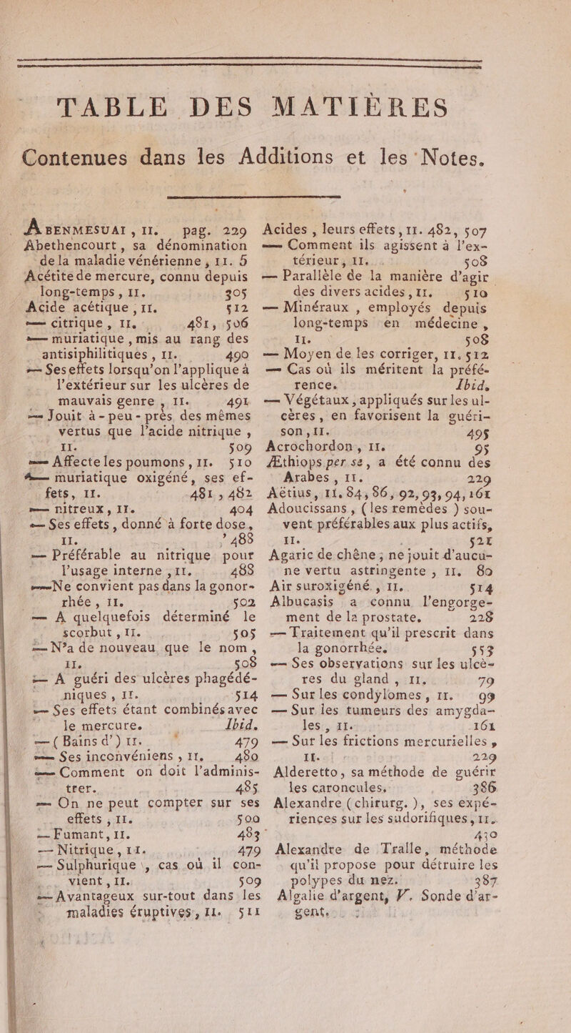 A senmesuar, II. pag. 229 Abethencourt, sa dénomination dela maladie vénérienne , 11. 5 Acétite de mercure, connu depuis long-temps, II. i | 3°5 Acide acétique , 11. 512 — citrique , II. 481, 506 — muriatique ,mis au rang des antisiphilitiques , 11. 490 &gt; Ses effets lorsqu'on l’applique à l'extérieur sur les ulcères de mauvais genre , Il. 491 — Jouit à-peu-près des mêmes vertus que l'acide nitrique , IT. 509 = Affecteles poumons ,1II. 510 #— muriatique oxigéné, ses ef- | fets, 11. 481 , 482 m—nitreuxX, Ile 404 e— Ses effets, donné à forte dose, II. ? 483 — Préférable au nitrique pour _ l'usage interne , 11. 483 Ne convient pas dans la gonor- Préc, 1k, 502 — A quelquefois déterminé le 4 Scorbut , II. 505 — N’a de nouveau que le nom, HH. 50) — A guéri des ulceres phagédé- niques, II. 514 — Ses effets étant combinésavec le mercure. Lbid, — (Bains d’) 11. 479 — Ses inconvéniens , IT. 480 =— Comment on doit l’adminis- trer. 485 = On ne peut compter sur ses effets , Il. 500 — Fumant, 11. 483° --- Nitrique, 11. 479 — Sulphurique \, cas où il con- ‘ vient , II. 509 — Avantageux sur-tout dans les maladies éruptives:, 11. 511 Acides , leurs effets, 11. 482, 507 — Comment ils agissent à l’ex- térieur, II. 508 — Parallèle de la manière d’agir des divers acides,I1, 510. — Minéraux , employés depuis long-temps en médecine, IL. 508 — Moyen de les corriger, 11.512 — Cas où ils méritent la préfé- rence. Ibid, — Végétaux, appliqués sur les ul- cères, en favorisent la guéri- son , II. Acrochordon, 11. oe Aithiops per se, a été connu des Arabes , 11. 229 Aétius, 11,84; 86, 92, 93, 94,161 Adoucissans , (les remèdes ) sou- vent préférables aux plus actifs, II. 525 Agaric de chêne ; ne jouit d’aucu- ne vertu astringente , 11. 80 Air suroxigéné,, IT. 514 Albucasis a connu l’engorge- ment de la prostate, 228 — Traitement qu’il prescrit dans la gonorrhée, 553 — Ses observations sur les ulcè- res du gland, 11. 79 — Sur Les condylomes, 11. 99 — Sur ies tumeurs des amygda- les , il. 164 — Sur les frictions mercurielles , II. 229 Alderetto, sa méthode de guérir les caroncules, 386 Alexandre (chirurg. ), ses expé- riences sur les sudorifiques , 17. 430 Alexandre de Tralle, méthode qu'il propose pour détruire les polypes du nez. 287 Algalie d'argent, V. Sonde d’ar- gent. he