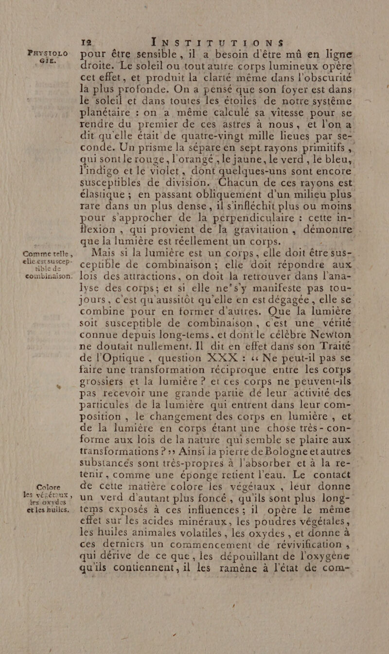 . GIE. Comme telle, elieestsuscep- tible de coinibinaison. Colore les vésétaux, tes oxydes et les huiles, 12 L'NLS TU ITUUT ERO NS droite. Le soleil ou tout autre corps lumineux opère cet effet, et produit la clarté même dans l'obscurité la plus profonde. On a pensé que son foyer est dans le soleil et dans toutes les étoiles de notre système planétaire : on a même calculé sa vitesse pour se rendre du premier de ces astres à nous, et l’on a dit qu'elle était de quatre-vingt mille lieues par se- conde. Un prisme la sépare én sept rayons primitifs, qui sontle rouge, l'orangé , le jaune, le verd , le bleu, l'indigo et le violet, dont quelques-uns sont encore susceptibles de division. Chacun de ces rayons est élastique ; en passant obliquement d’un milieu plus rate dans un plus dense, 1l s'infléchit plus ou moins pour s'approcher de la perpendiculaire : cette in- tlexion , qui provient de la gravitation , démontre . que la lumière est réellement un corps. | Mais si la lumière est un corps, elle doit être sus-. ceptible de combinaison; elle doit répondre aux lois des attractions, on doit la retrouver dans l’ana- lyse des corps; et si elle ne's'y manifeste pas tou- jours, c'est qu'aussitôt qu'elle en est dégagée, elle se combine pour en former d'autres. Que la lumière soit susceptible de combinaison, c'est une vérité connue depuis long-tems. et dont le célèbre Newton ne doutait nullement. Il dit en effet dans son Traité de l'Optique , question XXX : « Ne peut-il pas se faire une transformation réciproque entre les corps grossiers et la lumière ? et ces corps ne peuvent-ils pas recevoir une grande partie dé leur activité des particules de la lumière qui entrent dans leur com- position , le changement des corps en lumière , et de la lumière en corps étant une chose très-con- forme aux lois de la nature qui semble se plaire aux transformations ? »» Aïnsi la pierre de Bologneetautres substancés sont très-propres à l'absorber et à la re- tenir, comme une éponge retient l'eau. Le contact de cette matière colore les végétaux , léur donne un verd d'autant plus foncé, qu'ils sont plus long- tems exposés à ces influences ; 1l opère le même effet sur les acides minéraux, les poudres végétales, les huiles animales volatiles , les oxydes , et donne à ces dérnicrs un commencement de révivification , qui dérive de ce que, les dépouillant de l'oxygène qu'ils contiennent, il les ramêne à l'état de com-