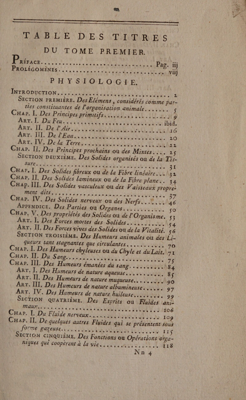 #4 £ PT 5 PAS BLUE \ DiE.S LAEURUES DU TOME PREMIER. Pics A AAC SEEN GR DE AR FE a RE Pag. ii DO OMINES 6,000 Tr PR PANR PEN à E “… Wii PHYSIO'LOIGTHTE: INTRODUCTION. ....... PAS PAR EE au We 12 SECTION PREMIÈRE. Des Elémens , considérés comme Par- ties constituantes de l'organisation animale... $ CHar. I. Des Priecipes primnifsin, ins CL ILE er 9 AaT EL Dune ga a NUE QUES . ibid Ans Led dir in où UNE LCL tu G ART. III. De l'Eau... ERA ELLE VAL PO APE ENT 20 CHar. Il, Des Principes prochains où des Mixtes. ... 25 SECTION DEUXIÈME. Des Solides organisés où de La Tis- PAT a de ae di ou LOUE HUB LA AU UE TRE AS 31 CHar, I. Des Solides fibreux ou de la Fibre linéaire 32 CHar. II. Des Solides lamineux ou de La Fibre plane.. 34 CHap. III. Des Solides vasculeux où des Ÿ aisseaux propre- A CE at aa LEE à PA + CHar. IV. Des Solides nerveux où des Merfsis., Lit ae APPENDICE. Des Parties où Cinema une hu so CHar, V. Des propriétés des Solides ou de l'Organisme, $3 MER 4 4 Arr. Il. Des Forces vives des Solides ou de La Vitalité. $6 SECTION TROISIÈME. Des Humeurs animales ou des Li- Jueurs tant stagnantes que circulantes. .......:.. 70 Cuar. I. Des Humeurs chyleuses ou du Chyle et du Lait. 71 Char, IL Du Sang... 5. VAE D te Es eine CHar. IIL. Des Humeurs émanées du Sang, . 50, UNS E ART, Ï. Des Humeurs de nature AQUEUSE à 4 se La, 8. ART. II. Des Humeurs de nature muqueuse... ..,.,.,. 90 ART. III, Des Humeurs de nature albumineuse. ..... 97 SECTION QUATRIÈME. Des Esprits ou Fluides ani- maux... 4... sou aa alé le bites ess. 106 CHap. I. Du Fluide ETES AN AIN ns Tao CHap. Il. De quelques autres Fluides qui se présentent sous forme PATES NON AUD SE MIN ALL Cu 11S SECTION CINQUIÈME. Des Fonctions ou Opérations orga- niques qui coopèrent à la vie... 118