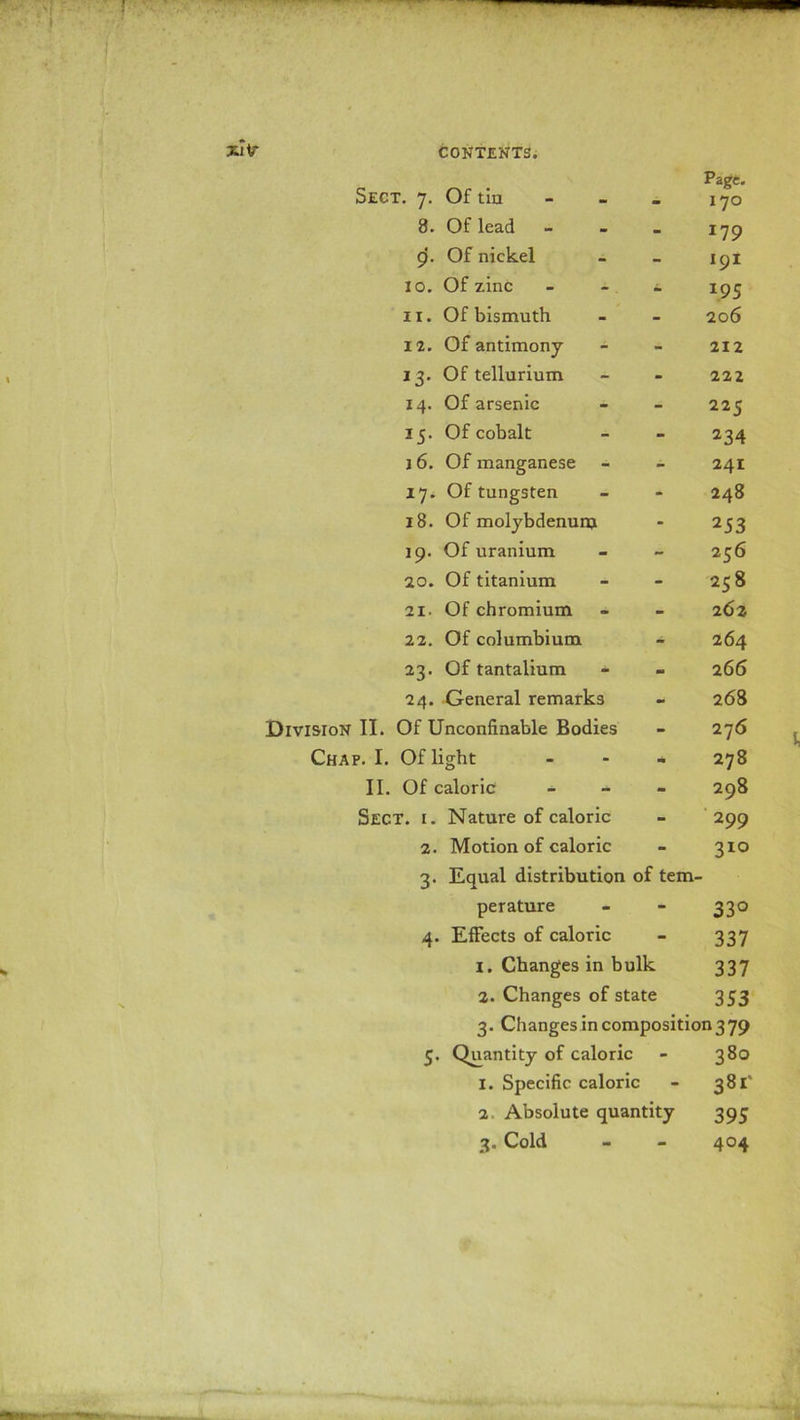Chap. I. T. 7. Of tin Page. 170 8. Of lead - _ 17 9 9. Of nickel - I9I 10. Of zinc - 195 11. Of bismuth - 206 12. Of antimony- - 212 13. Of tellurium - 222 14. Of arsenic - 225 15. Of cobalt - 234 16. Of manganese - 241 17. Of tungsten - 248 18. Of molybdenum - 253 19. Of uranium - 256 20. Of titanium - 258 21. Of chromium - 262 22. Of columbium - 264 23. Of tantalium - - 266 24. General remarks - 268 Of Unconfinable Bodies - 27 6 Of light - 278 Of caloric - 298 T. 1. Nature of caloric - 299 2. Motion of caloric - 310 3. Equal distribution of tern- perature - 33° 4. Effects of caloric - 337 1. Changes in bulk 337 2. Changes of state 353 3. Changes in composition 379 5, Quantity of caloric - 380 I. Specific caloric - 381' 2 Absolute quantity 395
