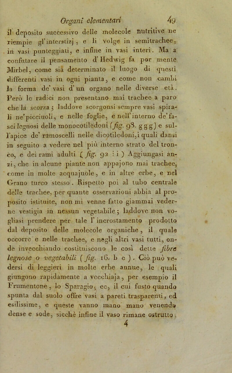 il deposito successivo delle molecole nutritive ne riempie gl’interstizi , e li volge in semitrachee, . in vasi punteggiali, e infine in vasi inteid. Ma a confutare il pensamento d’Hedwig fa por mente JVlirbel, come sia determinato il luogo di questi differenti vasi in ogni pianta, e come non cambi Ja forma de’ vasi d’un organo nelle diverse età. Però le radici non presentano mai trachee a paro che la scorza 5 laddove scorgonsi sempre vasi spira- li ne’picciuoli, e nelle foglie, e nell’interno de’fa- sci legnosi delle monocotiledoni (fig. 9S. ggg) e sul- l'apice de’ ramoscelli nelle dicotiledoni,i quali dansi in seguito a vedere nel più interno strato del tron- co, e dei rami adulti f fig. 92 ii ) Aggiungasi an- ziché in alcune piante non appajono mai trachee, come in molte acquajuole, e in altre erbe, e nel Grano turco stesso . Rispetto poi al tubo centrale delle trachee, per quante osservazioni abbia al pro- posito istituite, non mi venne fatto giammai veder- ne vcstigia in nessun vegetabile 3 laddove non vo- gliasi prendere per tale 1’ incrostamento prodotto dal deposito delle molecole organiche, il quale occorre e nelle trachee, e negli altri vasi tutti, on- de invecchiando costituiscono le cosi dette fibre legnose o 'vegetabili ( fig. i6< b c ) , Ciò può ve- dersi di leggieri in molte erbe annue, le quali giungono rapidamente a vccchiaja, per esempio il Frumentone, lo Sparagio, ec, il cui fusto quando spunta dal suolo offre vasi a pareti trasparenti, ed esilissime, e queste vanno mano mano venendo dense e sode, sicché infine il vaso rimane ostrutto 4