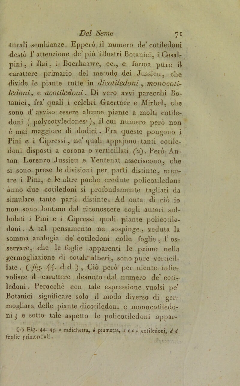 -turali sembianze. Epperò il numero de'cotiledoni desiò 1’ attenzione de’ più illustri Botanici, i Cesal- pini, i Bai , i Boerhaavve, ec., c forma pure il carattere primario del meiodo dei Jussieu, che divide le piante tulle in dicotiledoni, monocoti- ledoni, e acotiledoni. Di vero avvi parecchi Bo- tanici, fra’ quali i celebri Gaertner e Mirbcl, che sono d’ avviso essere alcune piante a molti cotile- doni ( polycotyledones’ ), il cui numero però non è mai maggiore di dodici. Fra queste pongono i Pini e i Cipressi, ne’ quali appajono tanti cotile- doni disposti a corona 0 verticillati (2). Però An- ton Lorenzo Jussieu e Ventenat asseriscono, che si sono prese le divisioni per parti distinte, men- tre i Pini, e le altre poche credute policotiledoni anno due cotiledoni sì profondamente tagliati da simulare tante parti distinte. Ad onta di ciò io non sono lontano dal riconoscere cogli autori sul- lodati i Pini e i Cipressi quali piante policotile- doni . A tal pensamento ne sospinge, veduta la somma analogia de’ cotiledoni colle foglie , 1’ os- servare, che le foglie apparenti le prime nella germogliazione di cotali alberi, sono pure verticil- late . (fig- 44- <1 d ) , Ciò però per niente infie- volisce il carattere desunto dal numero de’ coti- ledoni . Perocché con tale espressione vuoisi pe’ Botanici significare solo il modo diverso di geiv mogliare delle piante dicotiledoni e monocotiledo- ni 3 e sotto tale aspetto le policotiledoni appar- (0 Fig. 44• 4J. * radichetta, i piumetta, s t c c cotiledoni, d d foglie primordiali.