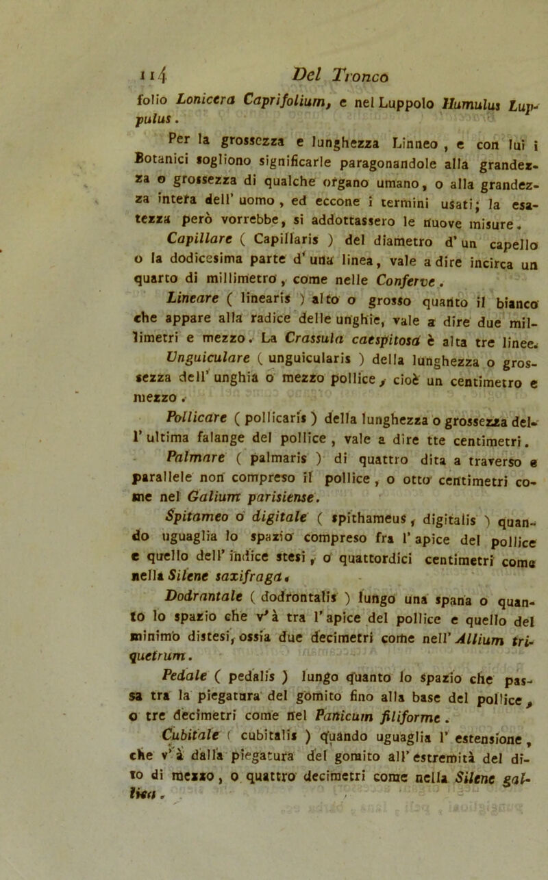 folio Lonicera Caprìfolium, e nel Luppolo Humulus Lup- pulus. Per la grossezza e lunghezza Linneo , e con lui i Botanici sogliono significarle paragonandole alla grandez- za o grossezza di qualche organo umano, o alla grandez- za intera dell’uomo, ed eccone i termini usati; la esa- tcTT'd pero vorrebbej si dddottESScro le iluove misure* Capillare ( Capillari ) del diametro d’un capello o la dodicesima parte d’una linea, vale adire incirca un quarto di millimetro, come nelle Conferve. Lineare ( linearis ) alto o grosso quanto il bianco che appare alla radice delle unghie, vale a dire due mil- limetri e mezzo. La Crassula caespitosa è alta tre linee.; Unguiculare ( unguicularis ) della lunghezza o gros- sezza dell’ unghia o mezzo pollice, cioè un centimetro e mezzo .• Pollicare ( pollicaris ) della lunghezza o grossezza del- 1’ultima falange del pollice, vale a dire tte centimetri. Palmare ( palmaris ) di quattro dita a traverso e parallele non compreso il pollice , o otto centimetri co- me nel Galium parmense. Spitameo o digitale ( spithameus, digitalis ) quan- do uguaglia lo spazio compreso fra l’apice del pollice e quello dell’indice stesi, o quattordici centimetri coma nella Silene saxifraga» Dodrantale ( dodrontalis ) lungo una spana o quan- to lo spazio che v'à tra l’apice del pollice e quello del minimo distesi, ossia due decimetri come nell’ Allium tri- queirum. Pedale ( pedalis ) lungo quanto lo spazio che pas- sa tra la piegatura del gómito fino alla base del pollice „ o tre decimetri come nel Panicum filiforme . Cubitale ( cubitali* ) quando uguaglia 1’ estensione, che v’à dalla piegatura del gomito all’estremità del di- to di mezzo, o quattro decimetri come nella Silene gaU li*a,