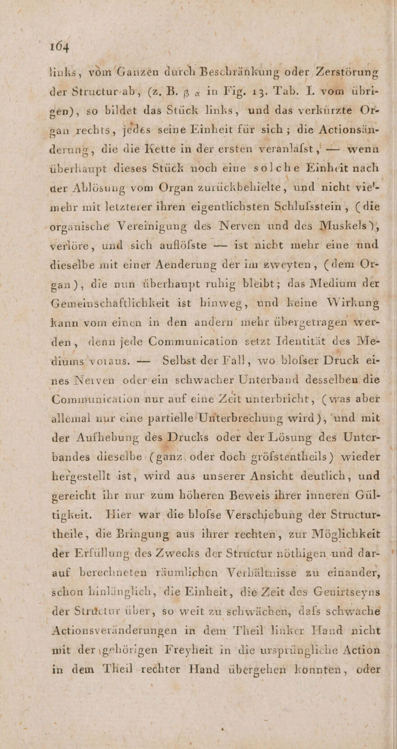 links, von'Ganzen durch Beschränkung oder Zerstörung der Structurab, (z.B. $ « in Fig. ı3. Tab. 1. vom übri- gen), so bildet das Stück links, und das verkürzte Or- san rechts, jedes seine Einheit für sich ; die Actionsin- derung, die die Kette in der ersten veranläfst, — wenn überhaupt dieses Stück noch eine sol Bar Einheit nach der Ablösung vom Organ zurückbebielte, und nicht viel- mehr mit letzterer ihren eigentlichsten Schlulsstein , (die ‚organische Vereinigung des Nerven und des Muskels), verlöre, und sich auflöfste — ist nicht mehr eine und dieselbe mit einer Aenderung der im zweyten, (dem Or- gan), die nun überhaupt ruhig bleibt; das Medium der Gemeinschaftlichkeit ist hinweg, und keine Wirkung kann vom einen in den andern mehr übergetragen wer- den » denn jede Cohmanichtich Tiere des Me- ditling) voraus. — Selbst der Fall, wo blofser Druck ei- nes Neiven oder ein schwacher Unterband desselben. die Communication nur auf eine Zeit unterbricht, (was aber allemal nur eine partielle Unterbrechung wird), ‘und mit der Aufhebung des Drucks oder der Lösung des Unter- bandes dieselbe (ganz oder doch gröfstentheils ) wieder hergestellt ist, wird aus unserer Ansicht deutlich, und gereicht ihr nur zum höheren Beweis ihrer inneren Gül- tigkeit. Hier war die blofse Verschiebung der Structur- theile, die Bringung aus ıhrer rechten, zur Möglichkeit der Erfüllung, des Zwecks der Structur nöthigen und dar- auf berechneten räumlichen Verhältnisse zu einander, ‚ schon hinlünglich, die Einheit, die Zeit des Genirtseyns der Strüctur über, so weit zu schwächen, dafs schwäche Actionsveränderungen in dem Theil Iinker Hand nicht mit derıgehörigen Freyheit in die ursprüngliche Action in dem Theil rechter Hand übergehen konnten, oder x