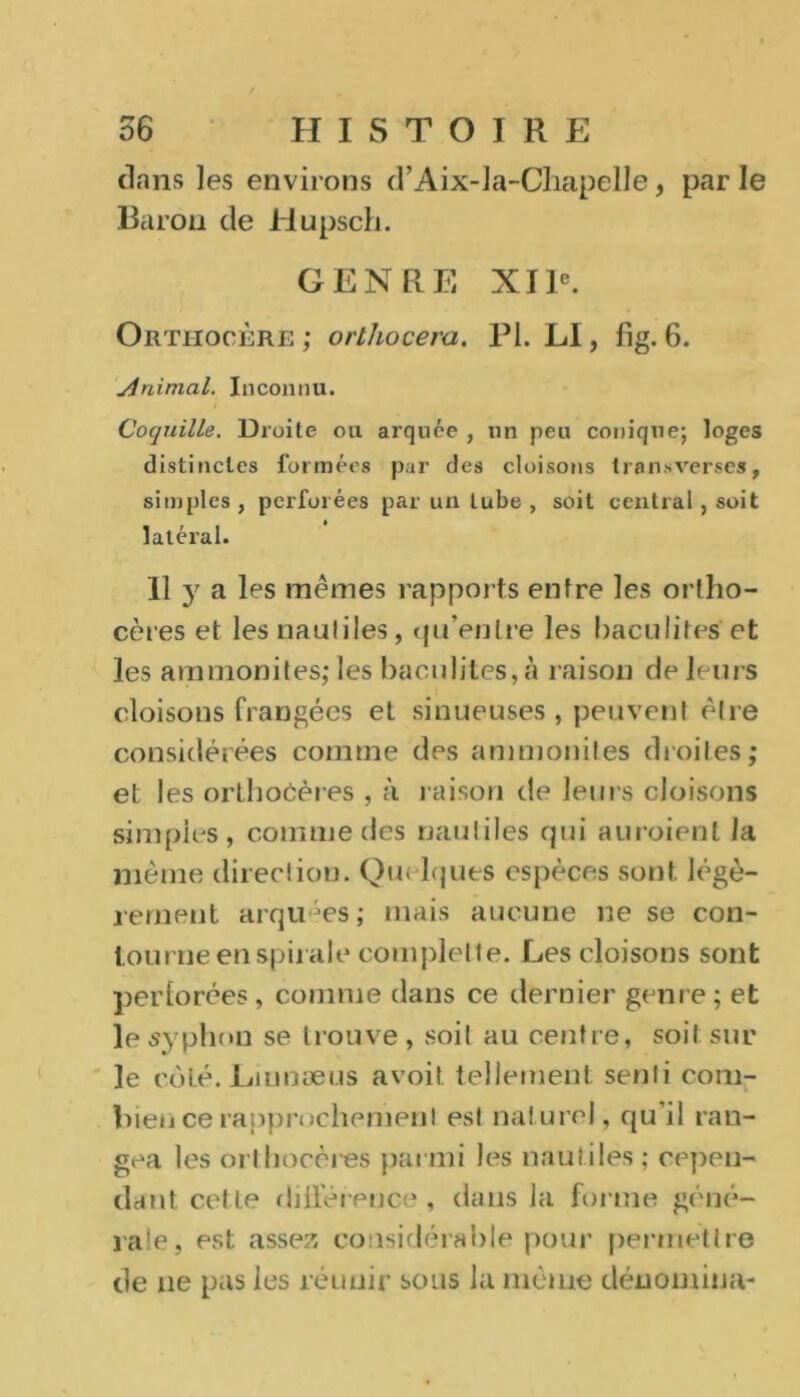 dans les environs d’Aix-la-Chapelle, parle Baron de Hupsch. GENRE XIIe. Orthocère ; orthocem. PI. LI, fig. 6. Animal. Inconnu. Coquille. Droite ou arquée , un peu conique; loges distinctes formées par des cloisons tra ns verses, simples , perforées par un tube , soit central, soit latéral. 11 y a les mêmes rapports entre les ortho- cères et les nauliles, qu’entre les baculites'et les ammonites; les baculites,à raison de leurs cloisons frangées et sinueuses , peuvent être considérées comme des ammonites droites; et les orthocères , à raison de leurs cloisons simples, comme des nautiles qui auroient la même direction. Qu< lques espèces sont légè- rement arqu es; mais aucune ne se con- tourne en spirale completle. Les cloisons sont perforées, comme dans ce dernier genre; et le syphou se trouve , soit au centre, soit sur le coté. Lmnæus avoit tellement senli com- bien ce rapprochement es! naturel, qu il ran- gea les orthocères parmi les nauliles ; cepen- dant cette différence , dans la forme géné- rale, est assez considérable pour permettre de 11e pas les réunir sous la même dénomma-