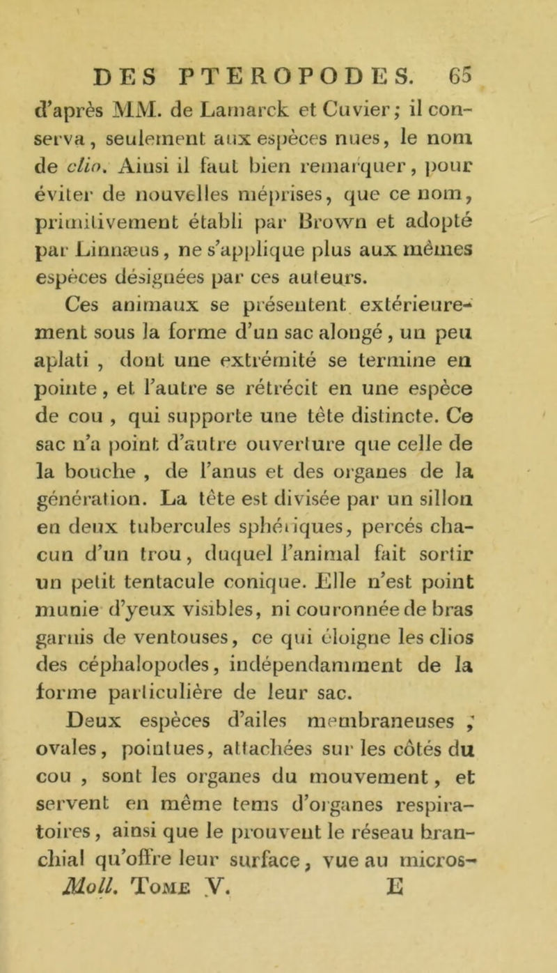 d'après MM. de Lamarck et Cuvier,* il con- serva, seulement aux espèces nues, le nom de clin. Ainsi il faut bien remarquer, pour éviter de nouvelles méprises, que ce nom, primitivement établi par Brown et adopté par Linnæus, ne s'applique plus aux mêmes espèces désignées par ces auteurs. Ces animaux se présentent extérieure- ment sous la forme d’un sac alongé, un peu aplati , dont une extrémité se termine en pointe, et l’autre se rétrécit en une espèce de cou , qui supporte une tète distincte. Ce sac n’a point d’autre ouverture que celle de la bouche , de l’anus et des organes de la génération. La tète est divisée par un sillon en deux tubercules sphéiiques, percés cha- cun d’un trou, duquel l’animal fait sortir un petit tentacule conique. Elle n’est point munie d’yeux visibles, ni couronnée de bras garnis de ventouses, ce qui éloigne les clios des céphalopodes, indépendamment de la forme particulière de leur sac. Deux espèces d’ailes membraneuses ; ovales, pointues, attachées sur les côtés du cou , sont les organes du mouvement, et servent en même tems d’organes respira- toires, ainsi que le prouvent le réseau bran- chial qu’offre leur surface, vue au micros- Moll. Tome Y. E