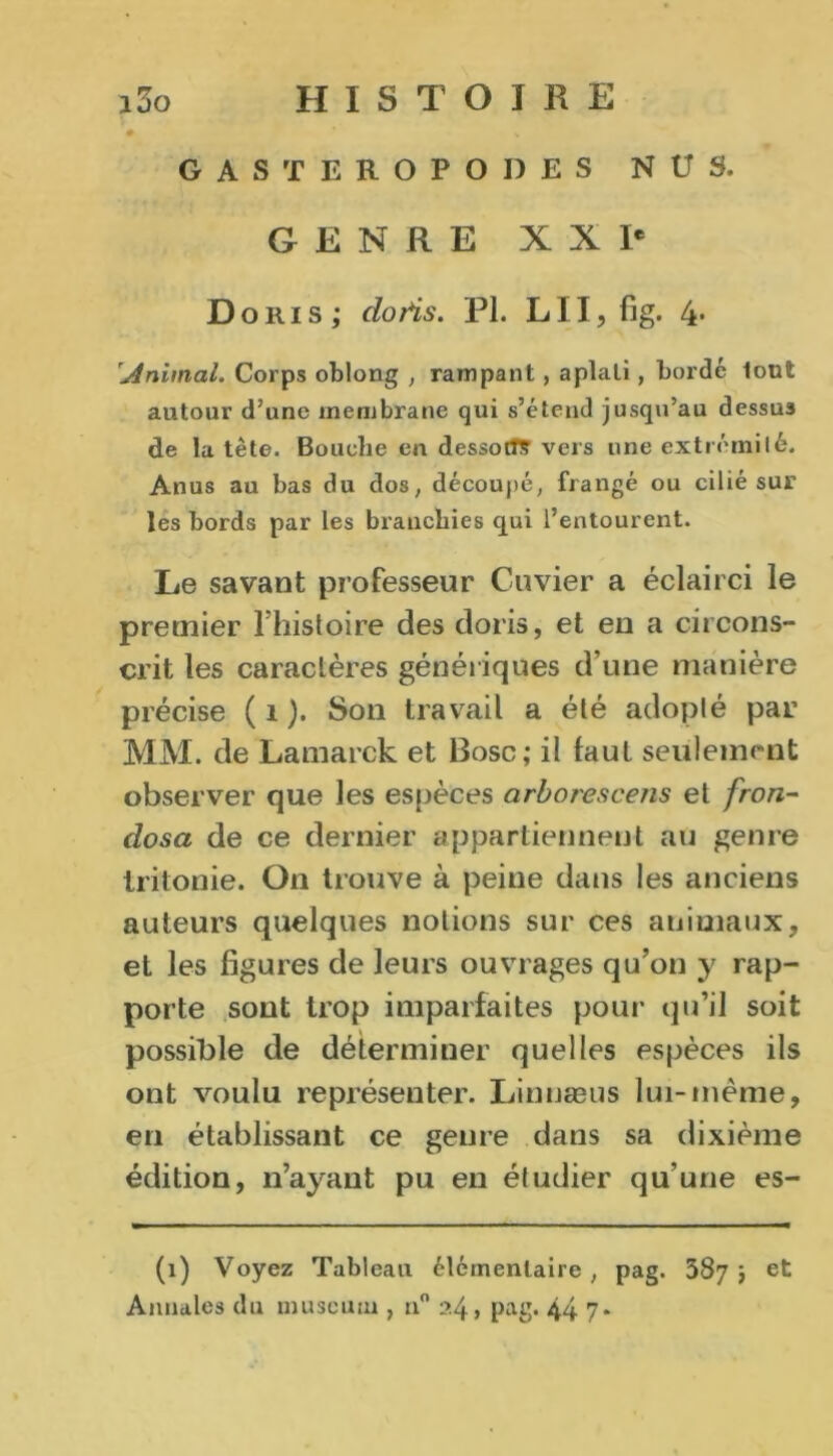 • r * GASTEROPODES NUS. GENRE XX Ie D o r i s ; doris. PL L11, fig. 4* Animal. Corps oblong , rampant, aplati, bordé tout autour d’une membrane qui s’étend jusqu’au dessus de la tête. Bouche eu dessous vers une extrémité. Anus au bas du dos, découpé, frangé ou cilié sur les bords par les branchies qui l’entourent. Le savant professeur Cuvier a éclairci le premier l’histoire des doris, et en a circons- crit les caraclères génériques d’une manière précise ( 1 ). Son travail a été adopté par MM. de Lamarck et Dose; il faut seulement observer que les espèces arboiescens et fron- dosa de ce dernier appartiennent au genre Iritonie. On trouve à peine dans les anciens auteurs quelques notions sur ces animaux, et les figures de leurs ouvrages qu’on y rap- porte sont trop imparfaites pour qu’il soit possible de déterminer quelles espèces ils ont voulu représenter. Linnæus lui-même, en établissant ce genre dans sa dixième édition, n’ayant pu en étudier qu’une es- (1) Voyez Tableau élémentaire, pag. 387; et Annales du muséum , n° 24 > pag. 44 7*