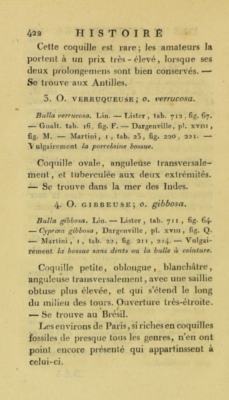 Cette coquille est rare ; les amateurs la portent à un prix très-élevé, lorsque ses deux prolongemens sont bien conservés. — Se trouve aux Antilles. 5. O. verruqueuse ; o. verrucosa. B alla verrucosa. Lin. — Lister , tab. 712 , fig. 67. — G naît. tab. 16, fig. F. — Dargenville, pi. xvm , fig. M. — Martini, 1 , tab. 23, fig. 220, 221. — \ ulgairement la porcelaine bossue. Coquille ovale, anguleuse transversale- ment, et luberculée aux deux extrémités. — Se trouve dans la mer des Indes. 4. O. gibbeuse; o. gibbosa. Bulla gibbosa. Lin. — Lister , tab. 711 , fig. 64* — Cyprcea gibbosa, Dargenville, pl. xnn , fig. Q. — Martini , 1 , tab. 22, fig. 211 , 2 >4- — Vulgai- rement la bossue sans dents ou la bulle à ceinture. Coquille petite, oblongue, blanchâtre, anguleuse transversalement, avec une saillie obtuse plus élevée, et qui s’étend le long du milieu des tours. Ouverture très-étroite. • 1 — Se trouve au Brésil. Hes environs de Paris, si riches en coquilles fossiles de presque lotis les genres, n’en ont point encore présenté qui appartinssent à celui-ci.
