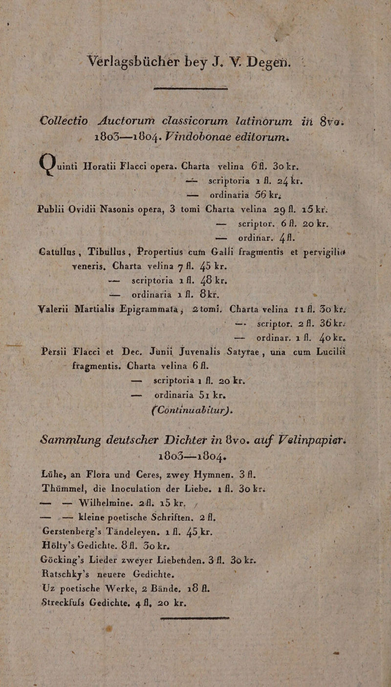 = Verlagsbücher bey J. V. Degen. Collectio Auctorum classicorum latinorum in ve: 1805— 1804. Vindobonae editorum: Oani Horatii Flacei opera. Charta velina 6A. 3okr. —- seriptoria ı. 24 kr. — ordinaria 56 kr; Publii Ovidü Nasonis opera, 3 tomi Charta velina 29. ı5kr. — scriptor. 6f. 20kr. —— ordinar. 4. Gatullus , Tibullus, Propertius cum Galli fragmentis et peryigıilia veneris, Charta velina 7fl. 45 kr. | -— scriptoria ıfl. Zökr. — ordinaria ı fl. Ökr. * — ordinar. ıfl. Zokr. us: Charta velina 6 fl. — scriptoria ı fl. ao kr. — ordinaria 5ıkr. (Continuab itur). Li 1809— 10804. Lühe, an Flora und Ceres, zwey Hymnen. 3A. Thümmel, die Inoculation der Liebe. ı fl. 30 kr: — — Wilhelmine. af, ı5 kr, — .— kleine poetische Schriften. 2A. Gerstenberg’s Tändeleyen. ı fl. 45, kr. Hölty’s Gedichte. 8A. 5okr. Göcking’s Lieder zweyer Liebenden. 3fl. 30 kr. Ratschky’s neuere Gedichte. i Uz poetische Werke, 2 Bände, ı6A. Streckfuls Gedichte, 4fl, 20 kr. ITEM “