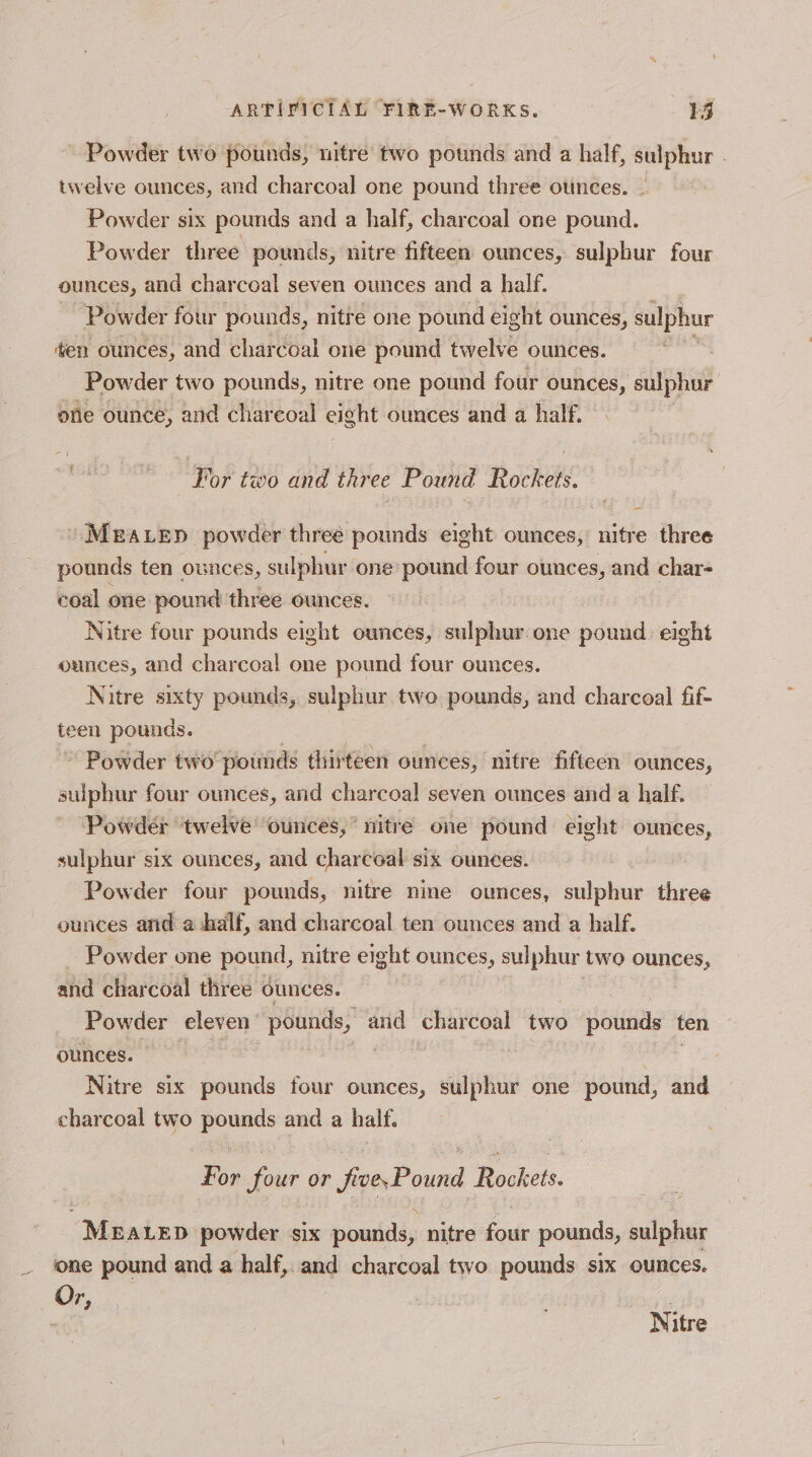 Powder two pounds, nitre two pounds and a half, sulphur. twelve ounces, and charcoal one pound three ounces. _ Powder six pounds and a half, charcoal one pound. Powder three pounds, nitre fifteen ounces, sulphur four ounces, and charcoal seven ounces and a half. Powder four pounds, nitre one pound eight ounces, sulphur ten ounces, and charcoal one pound twelve ounces. Powder two pounds, nitre one pound four ounces, sulphur one ounce, and charcoal eight ounces and a half. For two and three Pound en ae ~MeEaLep powder three pounds eight ounces, nitre three pounds ten ounces, sulphur one pound four ounces, and char- coal one pound three ounces. Nitre four pounds eight ounces, sulphur. one pound eight ounces, and charcoal one pound four ounces. Nitre sixty pounds, sulphur two pounds, and charcoal fif- teen pounds. | Powder two pounds thirteen ounces, nitre fifteen ounces, sulphur four ounces, and charcoal seven ounces and a half. Powder twelve’ ounces, nitre one pound eight ounces, sulphur six ounces, and charcoal six ounces. Powder four pounds, nitre nine ounces, sulphur three ounces and a half, and charcoal ten ounces and a half. Powder one pound, nitre eight ounces, sulphur two ounces, and charcoal three ounces. Powder eleven “pounds, and charcoal two poittiay ten ounces. Nitre six pounds four ounces, sulphur one pound, and charcoal two pounds and a half. For four or five, Pound Rockets. MEALED powder six pounds, nitre four pounds, sulphur one pound and a half, and charcoal two pounds six ounces. Or, o “0: Nitre