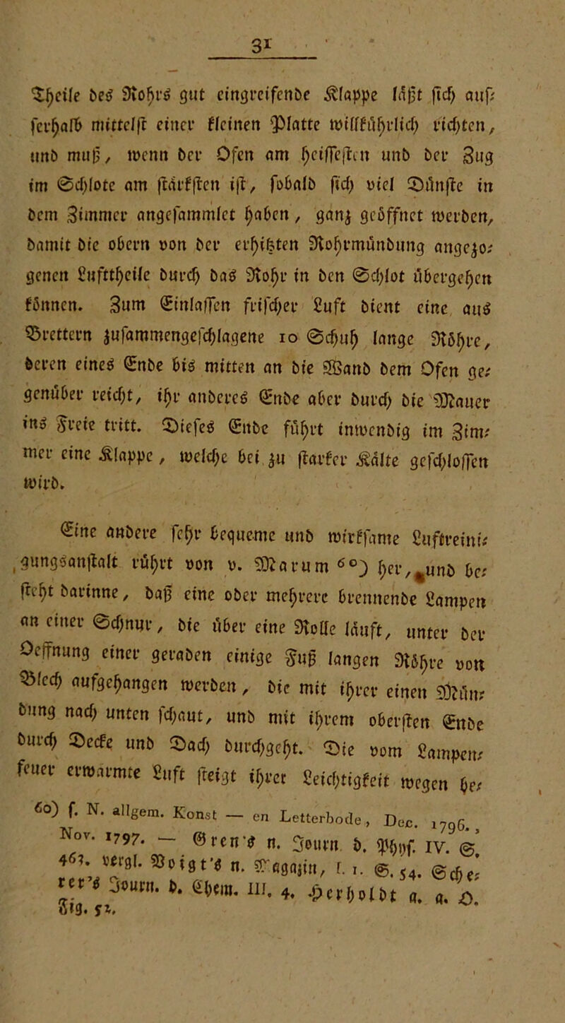 3* ^ctle i>eö 3to!)r$> gut cingretfcnbe klappe tö(jt ftcf> auf; fetljafb mitteJft ctitcr Meinen glatte wi(ffiif>rlid) netten, unb mu(3, wenn bet Ofen am f;ei|Te|tcn unb bei- 3ug im ©ctylote am |catf|rcu i|l, fübalb fid) Diel Cöilnftc in bem Bimmer angefammict (jaben , ganj geöffnet werben, barmt btc obern »on bei- ernteten 9tof>rmünbung angejo; genen 2nfttf)eiie btn-d) bat? Stofjr in ben ©cfyiot übergeben f'önncn. 3um (Sinlaffen ftifcfjer 2uft bient eine au$ Lettern jufammengefcfjlagene io ©cfjul) lange 3töf)i-e, beten eine$ Gmbe bi$ mitten an bie SBanb bem Ofen ge; genubet teidjt, i$r «nberes Snbe abet burd; bie haltet inß Sl'eic tritt. CDiefeö <£nbe füf)rt inwenbig im 3im; mer eine klappe, welche bei ftarfer £äite gcfd,>fo|Tcn wirb. ®ne ooöere fefjr bequeme unb wirffame Sufireim* ,3«ng«anjlalt tÖf)tt von v. SBarum ÄO} (;et/|tunb bc; frefyt batinne, bag eine obet meutere brennenbe Sampen an einet @cf)ni}t, bie iiber eine Stoffe läuft, unter bet Oeffnung einet getaben einige $uß langen St&ljee »ott ®tcd> aufgef)angcn werben , bie mit i^ter einen gfefln* bung nad; unten ftf;aut, unb mit intern oberften (£nbe butef; 2>ecfe unb ©ac$ burc$gc$t. S>ie »om gampen; feuet «wärmte Stift fteigt if;rer ßeidjtigfeit wegen be; «0) f. N. allgem. Kon.st _ en Letterbode, De*. 17q6. Nov. 1797. - @ren-* n. 3wn b. $$9f. iv. © 4>l vergl. 93oigt’g n. Sfegajin, f. i. S4. ©a.! °W* •• «*»• 4. -Pctbotbt a. ü»9« fl.