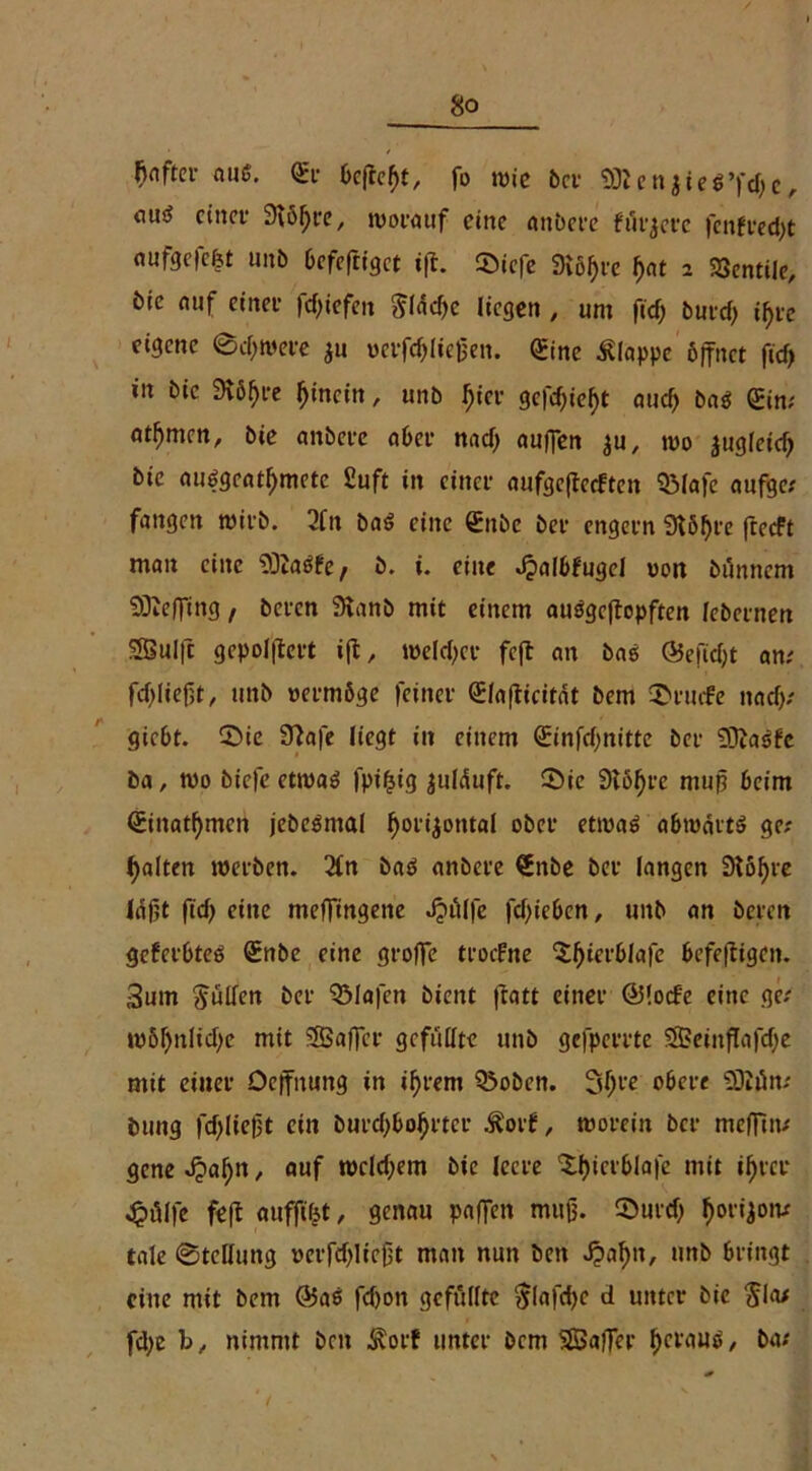 fjnftei- aue. Sr bcftcßt, fo wie ber SDtenjieS’fdje, ou^ einer Siößre, tt)ot*<juf eine aitbcre füttere fenfredjt oufgefefet unb Gefcfrtgcc i|t. Sicfe Slßßrc ßat 2 Ventile, ötc auf einer fdjiefen Jlacße liegen , um fid) burd) ißre eigene ©eßwere ju verfeßließen. Sine iUappe öffnet ftd) in bic Siößre hinein, unb ßier gefeßießt aud) ba$ Sin; ahnten, bie anbere aber nad) auffen $u, wo jugleid) bie auögeatßmcte £uft in einer aufgefterften QMafe aufge; fangen wirb. 2ftt bat? eilte Snbe bei* engern Stößre fteeft man eine ‘DDiaöfe/ b. i. eine «£albfugel von buttnem 93ieffiitg, beren Slanb mit einem auogeftopften febernen SBuift gepoljtert iffc, melier feft an bae ©efid)t an; fdfließt, unb »ermöge feiner Sfaflicitdt bem Srmfe naef); gießt. Sie 9?a|e liegt in einem Sinfdfnitte ber SDtaöfc ba, wo biefc etiva^ fpißig julduft. Sic Slößre muß beim Sinatßmcn jebcömal ßorijontal ober etma6 abwärts ge; galten werben. 2ln baö anbere Snbe ber langen Dlößre läßt ftd) eine meffingene Jjülfe fd)ic6cn, unb an beren geferbteö Snbe eine groffc trocFne Sßierblafe befeftigcit. 3um Julien ber ^3Ia|'en bient fiatt einer ©lode eine ge; roSßnlidje mit SSaffcr gefüllte unb gefperrte SBeiitflafdje mit einer Oeffitung in ißrem 33oben. Sßre obere SDiütt; bung fdfließt ein burd)boßrtcr ^orf, worein ber meffin; gene Jjaßtt, auf wcld;em bie leere ‘Xßicrblafe mit iß rer 4?ölfe feft auffibt, genau paffen muß. Surd; ßorijom tale «Stellung »erfdjlicßt man nun beit dpaßtt, unb bringt eine mit bem ©ae fd)oit gefüllte Jlafcße d unter bic Jl<v fd)e b, nimmt beit Äorf unter bem SBaffer ßcrauö, ba;