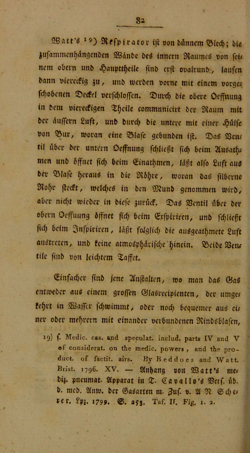 8a £®att’ö 1 5) Siffpu-atof ift oon bünnem Q3Ierf>; bie jufammenfjangenben Sffiänbe be$ innern 0taumc*> pon fcU ncm obern unb .^aupttheile ftitb ci*f£ ooalrunb, laufen bann Picrccfig $u, unb n)ei'ben ootne mit einem oorge* gehobenen Secfd »etfdjloffen. £)urch bie obere Oeffnung in bem uierecfigen 5^ctle communicivt her Dtaum mit bef (Sufjcvn £uft, unb but’cf) bie untere mit einer Jjiülfe von Q3uv, woran eine 33lafe gebunben ift. ©a« 93em til über ber untern Oeffnung fließt fld> beim Itmtf); men unb öffnet ftcf> beim Qrinathmen, lügt alfo £uft aua ber QMafe ^crauö in bie Svöfjre, woran baß filbcrne 9to()r ftecft, welche^ in bcn SDJunb genommen wirb, aber nicht wieöer in bicfe jurücf. £>aä SSentil über ber obern Oeffuung öffnet fiel) beim ©jefpirifen, unb fcßließt fid> beim Snfpiriren, laßt fodgltd) bie au^geat^mete 2uft andreren, unb feine atmo^ürifd;e hinein. Sßeibe 23en; tile ftitb «ott leicl;tem Raffet. Einfacher fmb jene Sfnftalten, wo man ba$ &aß entmeber au$ einem groffen ÖJlasrcctpienten, ber umge; fe^ft in SSSafTir fdjwimmt, ober noch bequemer au<5 ei; ner ober meßrem mit einnnber »etbunbetten Siinbsblafen, 19) f. Medic. cas. and speculat. includ. parts IV and V ef considerat. on the medic. powers , and the pro- duct. of factit. airs. By Keddoes and Watt. Brist. 1796. xv. — Sfnbang »01t $8Jatt’ö me» bi}, ptteumat. Apparat in X- €<n>aUo’« &erf. üb. b. nteb. 2(nw. ber ©aparten nt. i?uf. #. 2i ft. © clj c/ «er. fpj. 1799. a$s. Taf. ir. fig, 1. 2.