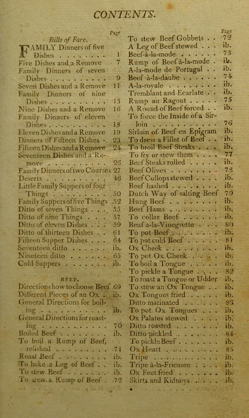 CONTENTS. P3ge Bills of Fare. AMILY Dinners of five Dishes 1 Five Dishes and.a Remove 7 Family Dinners of seven Dishes 9 Seven Dishes and a Remove 11 Family Dinners of nine Dishes . < 13 Nine Dishes and a Remove 16 Family Dinners- of eleven Dishes . .;....... »- 1.8 Eleven Dishes and a Remove 19 Dinners of Fifteen Dishes - 23 Fifteen Dishes and a Remove 24 Seventeen Dishes and a Re- 26 Family DinnersoftvvoCourses 27 Deserts 46 Little Family Suppers of four Things . 50 Family Suppers off vc Things .52 Ditto of seven Things . . . 55 Ditto of nine Things . . . 5,7 Ditto of eleven Dishes ... 59 Ditto of thirteen Dishes . . 61 Fifteen Supper Dishes ... 64 Seventeen ditto ib. Nineteen ditto ...... 65 Cold Suppers ib. BEEF. Directions how tochoose Beef 69 Different Pieces of an Ox . ib. General Directions for boil- ing „ ib. General Directions for roast- ing . 70 Boiled Beef ib. To boil a Rump of Beef, relished •.. 71 Roast Beef . . • ib. To bake.a Leg of Beef . . ib. To stew Beef ib. To stew. a. Rump of Beef . -72 Page To stew Beef Gobbets . » 72 A Leg of Beef stewed ... ib. Beef-a-la-mode * 73 Rump of Beef a-la-mode . ib. A-la-mode de Portugal . . ib. Beef a-la-daube 74 A-la-rovale *...*.*• ib. Tremblant and Ecarlate . * ib. Rump au Ragout 75 A Round of Beef forced . . ib. To force the Inside ol a Sir- loin 76 Sirloin of- Beef en Epigram ib. To dr-ess a Fillet of Beef . . ib. To broil Beef Steaks . . . ib. To fry or stew them .... 77 Beef Steaks rolled ..... ib. Beef Olives ........ 73 BeefCollopsstewed .... ib. Beef hashed ib. Dutch Way of salting Beef 79 Hung Beef ib. Beef Flams » ib. To collar Beef- ib. Beuf a-la-Vinegrette ... SO To pot cold Beef 81 Ox Cheek ......... ib. To pet Ox Cheek .... ib. To boil a Tongue . . . . . ib. To pickle a Tongue . \ . . 82 To roast a Tongue or Udder ib. To stew an Ox Tongue . . ib. Ox Tongues fried .. .... ib. Ditto marinated ...... 83 To pot Ox Tongues . . . ib. Ox Palates stewed .... ib. Ditto roasted . ...... ib. Ditto pickled 84' TopickleBeef ib. Ox Heart . . . 85 Tripe ib. Tripe a-la-Fricasec .... ib. Ox Feet fried' ib Skirts and Kidneys ib,