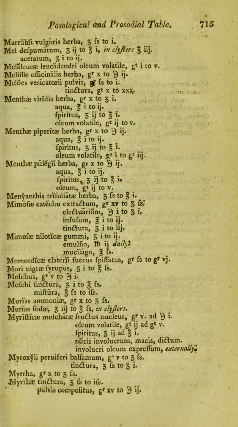 Marrubii vulgaris herba, 5 ^ to i. Mel defpumatum,^ 3 ij to § i, in clyjlers § iij. acetatum, 3 i to ij. Melaleucae leucadendri oleum volatile, gt i to v. Melifiae officinalis herba, gr x to 9 ij. Meloes vesicatorii pulvis, gF fs to i. tin&ura, gt x to xxx,. r,, Menthae vindis herba, gr x to 3 i. aqua, J * to *j* fpiritus, 3 ij to § i. oleum volatile, gt ij to v. Menthae piperltae herba, gr x to 3 ij. aqua, 5 i to ij. fpiritus, 3 ij to § i. oleum volatile, gt i to gt iij. Menthae pulegii herba, gr x to 9 ij. aqua, % i to ij. fpiritus, 5 ij to § i« oleum, gt ij to v. Menyanthis trifoliatae herba, 5 fs to § i. Mimofae catechu extraftum, gr xv to 3 fsl eleftuarium, 9 i to 3 i. infufum, § i to ij. tindtura, 3 i to iij. Mimofae niloticae gummi, 3 i to ij. emulfio, lb ij daily2 mucilago, § is* Momordicae elaterii fuccus fpiffatus, gr fs to gr vj. Mori nigrae fyrupus, 3 i to § fs. Mofchus, gr v to 9 i. Mofchi tindlura, 3 i to § fs. miftura, % fs to ifs. Murias ammoniae, gr x to 3 fs. Murias fodae, 3 iij to % fs, in clyjlers. Myrlfticae mofchatae frudlus nucleus, gr v. ad 9 u oleum volatile, gt ij ad gt v. fpiritus, 3 ij ad | i. nucis involucrum, macis, didtum. involucri oleum exprefium, externally• Myroxyli peruiferi balfamum, g” v to 3 fs. tindtura, 3 fs to 3 i. Myrrha, gr x to 3 fs. -Myrrh* tindtura, 3 fs to ifs. pulvis compofitus, gr xv to 9 ij.