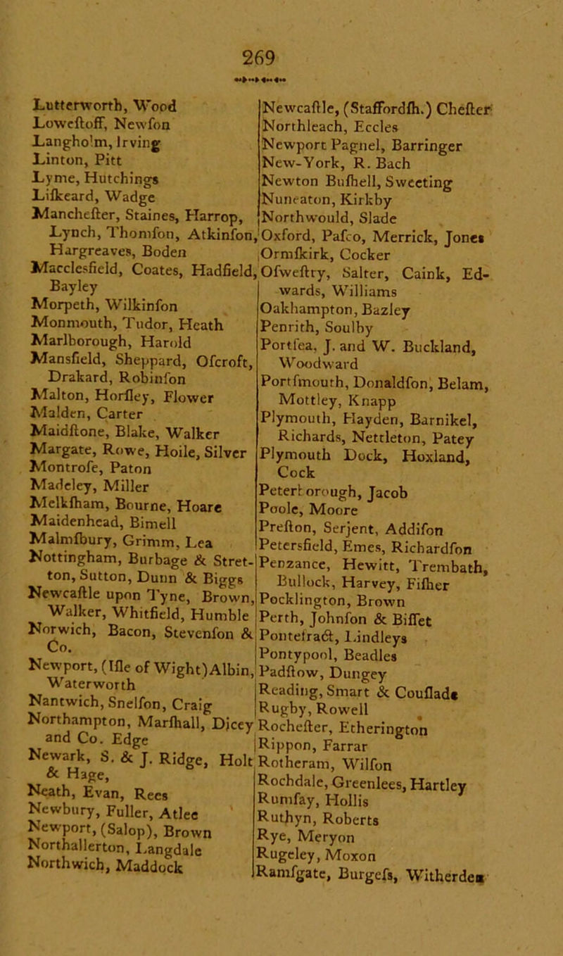 Lutterworth, Wood Loweftoff, Newfon Langholm, Irving Linton, Pitt Lyme, Hutchings Lilkeard, Wadge Manchefter, Staines, Harrop, Newcaftle, (Staffordlh.) Cheflc-r Northleach, Eccles Newport Pagnei, Barringer New-York, R. Bach Newton Bufhell, Sweeting Nuneaton, Kirkby Northwould, Slade i J ‘ '-'L'J UJttUC Lynch, 'l honifon, Atkinfon, Oxford, Pafco, Merrick, Jones Hargreaves, Boden Ormfkirk, Cocker Macclesfield, Coates, Hadfield, Ofvveftry, Salter, Caink, Ed- J TT T • 1 1 • Bayley Morpeth, Wilkinfon Monmouth, Tudor, Heath Marlborough, Harold Mansfield, Sheppard, Ofcroft, Drakard, Robinfon Malton, Horfley, Flower Malden, Carter Maidftone, Blake, Walker Margate, Rowe, Hoile, Silver Montrofe, Paton Madeley, Miller Melklham, Bourne, Hoare Maidenhead, Bimell Malmlbury, Grimm, Lea Nottingham, Burbage & Stret- ton, Sutton, Dunn & Biggs Newcaftle upon Tyne, Brown, Walker, Wh.tfield, Humble Norwich, Bacon, Stevenfon & Co. wards, Williams Oakhampton, Bazley Penrith, Soulby Portlea. J. and W. Buckland, Woodward Portfmouth, Donaldfon, Belam, Mottley, Knapp Plymouth, Hayden, Barnikel, Richards, Nettleton, Patey Plymouth Dock, Hoxland, Cock Peter! orough, Jacob Poole, Moore Prefton, Serjent, Addifon Petersfield, Ernes, Richardfon Penzance, Hewitt, Trembath, Bullock, Harvey, Filher Pocklington, Brown Perth, Johnfon & Billet PontelratSl, l.indleys Pontypool, Beadles vt ,,n , 1 omypooi. rseacue Newport, (Hie of Wight) Albin, Padflow, Dungey PrwnrtVi T-* t. ~ ^ • Reading, Smart & Couflade Rugby, Rowell Waterworth Nantwtch, Snelfon, Craig Kugby, Rowell Northampton Marlhall, Dicey Rochefter, Etherington and Co. Edge _ |Rippon, Farrar * Newark, S. & J. R,dge, Holt Rotheram, Wilfon & Hage, Neath, Evan, Rees Newbury, Fuller, Atlee Newport, (Salop), Brown Northallerton, I.angdale Northwich, Maddock Rochdale, Greenlees, Hartley Rurnfay, Hollis Ruthyn, Roberts Rye, Meryon Rugeley, Moxon Ramfgate, Burgefs, Witherdea