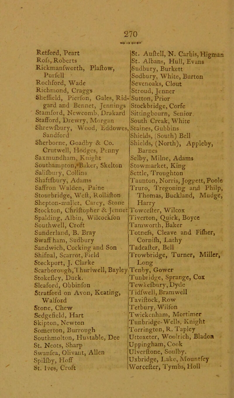 Retford, Peart Rofs, Roberts Rickmanfworth, Plaftow, Purfell Rochford, Wade Richmond, Craggs Sheffield, Pierfon, Gales, Rid- gard and Bennet, Jennings Stamfoid, Newcomb, Drakard Stafford, Drewry, Morgan Shrewfbnry, Wood, Eddowes, Sandford Sherborne, Goadby & Co. Crutwell, Hodges, Penny Saxmundham, Knight Southampton,•Baker, Skelton Salifbury, Collins Shaftfbury, Adams Saffron Walden, Paine Stourbridge, Weft, Rollafton Shepton-mallet, Carey, Stone Stockton, Chriftopher & Jennet Spalding, Albin, Wilcockfon Southwell, Croft Sunderland, B. Bray Svvaffham, Sudbury Sandwich, Cocking and Son Shifnal, Scarrot, Field Stockport, J. Clarke Scarborough,'1 hurlwell, Bayley Stokefley, Duck. Sleaford, Obbinfon Stratford on Avon, Keating, Walford Stone, Chew Sedgefield, Hart Skipton, Newton Somerton, Burrough Southmolton, Huxtable, Dee St. Neots, Sharp Swanfca, Olivant, Allen Spilfby, Floff St. Ives, Croft St. Auftell, N. Carbis,Higman St. Albans, Hull, Evans Sudbury, Burkett Sodbury, White, Burton Sevenoaks, Clout Stroud, Jenner Sutton, Prior Stockbtidge, Corfe Sittingbourn, Senior South Creak, White Staines, Gubbins Shields, (South) Bell Shields, (North), Appleby, Barnes Selby, Milne, Adams Stowmarket, King Settle, Troughton Taunton, Norris, Joggett, Poole Truro, Tregoning and Philp, Thomas, Buckland, Mudge, Harry Towcefter, Wilcox Tiverton, Quick, Boyce Tamworth, Baker Totnefs, Cleave and Fifher, Cornifh, Lathy Tadcafter, Bell Trowbridge, Turner, Miller, Long Tenby, Gower Tunbridge, Sprange, Cox Tewkefbury, Dyde Tidfweli, Brannvell Taviftock, Row Tetbury, Willon Twickenham, Mortimer Tunbridge-Wells, Knight Torrington, R. Tapley Uttoxeter, Woolrich, Bladon Uppingham, Cook Ulverftone, Soulby. Uxbridge, Lake, Mour.tfey Worccfter, Tymbs, Holl