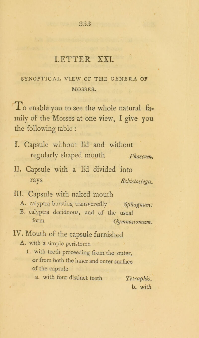 LETTER XXL SYNOPTICAL VIEW OF THE GENERA OF MOSSES. To enable you to sce the whole natural fa- mily of the Mosses at one view, I give you the following table: I. Capsule without lid and without regularly shaped mouth Phascum. II. Capsule with a lid divided into rays Schislostega. III. Capsule with naked mouth A. calyptra bursting transversal]/ Sphagnum. B. calyptra deciduous, and of the usual f°rm Gymnostomum. IV. Mouth of the capsule furnished A. with a simple peristome 1. with teeth proceeding fromthe outer, or from both the inner and outer surface of the capsule a. with four distinct teeth Tetraphis. b. with