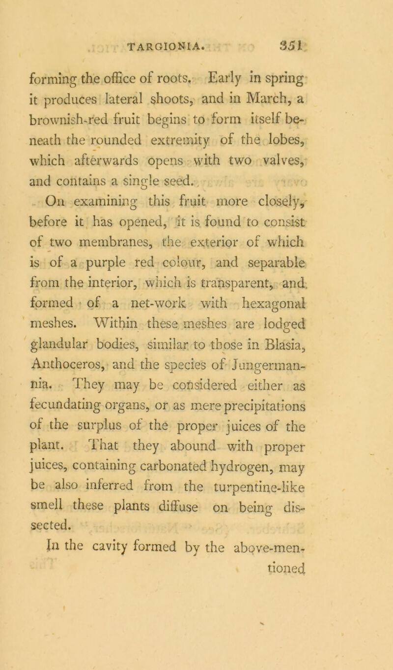 forming the office of roots, Early in spring it produces lateral shoots, and in March, a brownish-red fruit begins to form itself be- neath the rounded extremity of the lobes, which afterwards opens vvith two valves, and contains a single seed. On examining this fruit more closely, before it has opened, it is found to consist of two membranes, the exterior of which is of a purple red coiour, and separable from the interior, which is transparent, and. formed of a net-work with hexagonal meshes. Within these meshes are iodged glandular bodies, similar to tbose in Blasia, Anthoceros, and the species of Jungerman- nia. They may be considered either as fecundating organs, or as mere precipitations of the surplus of the proper juices of the plant. That they abound with proper juices, containing carbonated hydrogen, may be also inferred from the turpentine-like smell these plants diffuse on being dis» sected. In the cavity formed by the above-men- tioned