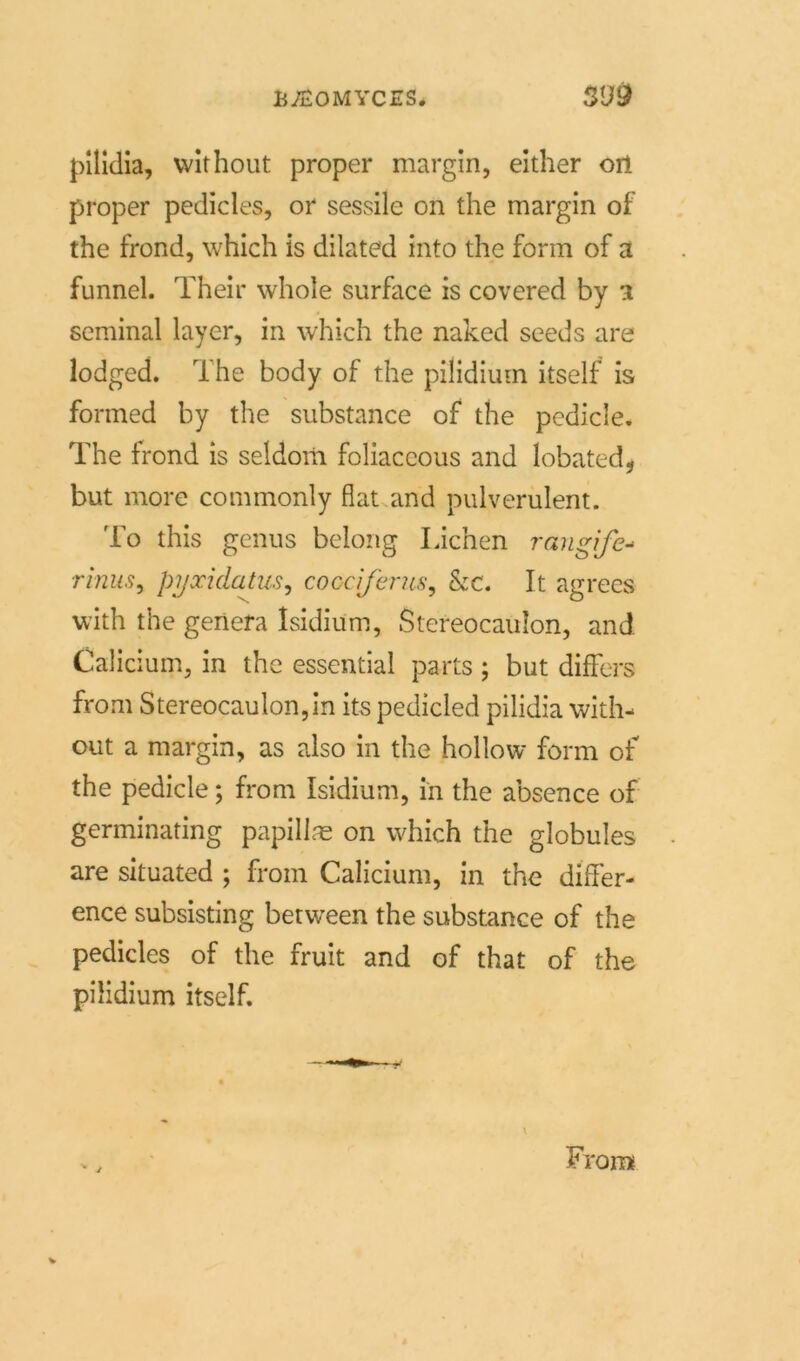 B/E0MYCES. sad pilklia, without proper margin, either oil proper pedicles, or sessile on the margin of the frond, which is dilated into the form of a funnel. Their whole surface is covered by a seminal layer, in which the naked seeds are lodged. 1 he body of the pilidium itself is formed by the substance of the pedicle. The frond is seldom foliaccous and lobated, but more commonly flat and pulverulent. To this genus belong Lichen rangife- rinus, pyxidatus, cocciferus, &c. It agrees with the genera Isidiüm, Stereocaulon, and Calicium, in the essential parts ; but differs from Stereocaulon,in its pedicled pilidia with- out a margin, as also in the hollow form of the pedicle; from Isidium, in the absence of germinating papillas on which the globules are situated ; from Calicium, in the differ- ence subsisting between the substance of the pedicles of the fruit and of that of the pilidium itself. From