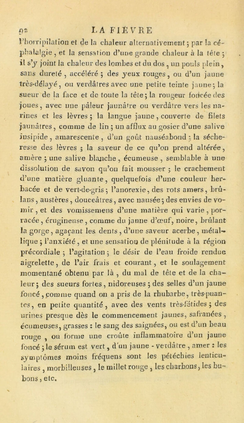 l’horripilation et (3e Ia chaleiir alternativement; par Ia ci~ phalafgie, et Ia sensahon d’une grande chaleur a Ia tete ; il s’y joint Ia chaleur des lombes et du dos , un pouls plein, sans durete , acceldre ; des yeux rouges, ou d’un jaune tres-ddlayd, ou verdatres avec une petite teinte jaune5 la sueur de ja face et de toute la tete; la rougeur foncSedes joues, avec une paleur jaunafre ou verdatre vers les na- rines et les levres ; la langue jaune, couverte de filefs jaunatres, comme de lin ; un afflux au gosier d’une salive insipide , amarescente , d’un gout nauseaboud ; la sdclie- resse des levres 5 Ia saveur de ce qu’on prend alteree, amere ; une salive blajiclie , dcumeuse , semblable a une dissolution de savon qu’011 fait mousser ; le crachement d’une matiere gluante, quelquefois d’une couleur her- bacee et de vert-de*gris; l’anorexie, des rots amers, bru- lans, austeres , douceatres, avec nausee ; des envies de vo- li)ir , et des vomissemens d’une matiere qui varie , por- racee, erugineuse , comme du jaune d’a?uf, noire, brulant Ia gorge, agacant les dents , d’une saveur acerbe , metal- lique ;1’anxietb, et une sensatiou de plenitude a la region precordiale ; 1’agifation ; le desir de 1’eau froide rendue aigreletfe, de i’air frais et courant, et le soulagement momentanb obtenu par la , du mal de tete et de la cha- leur; des sueurs fortes , nidoreuses ; des selles d’un jaune foncd, comme quand on a pris de la rhubarbe, trespuan- tes, en petite quantitd, avec des vents tres fetides; des urines presque des le commencement jaunes, safranbes , ecumeuses, grasses : le sang des saigndes, ou est d’un beau rouge , ou fbrme une croute inflammatoire d’un jaune foncd ; le sdruin est vert, dun jaune - vetdafre , amer : les symptomes moins frequens sont les pdtdchies lenticu- laires , morbilleuses , le millet rouge , les charbons, les bu- bons j etc.