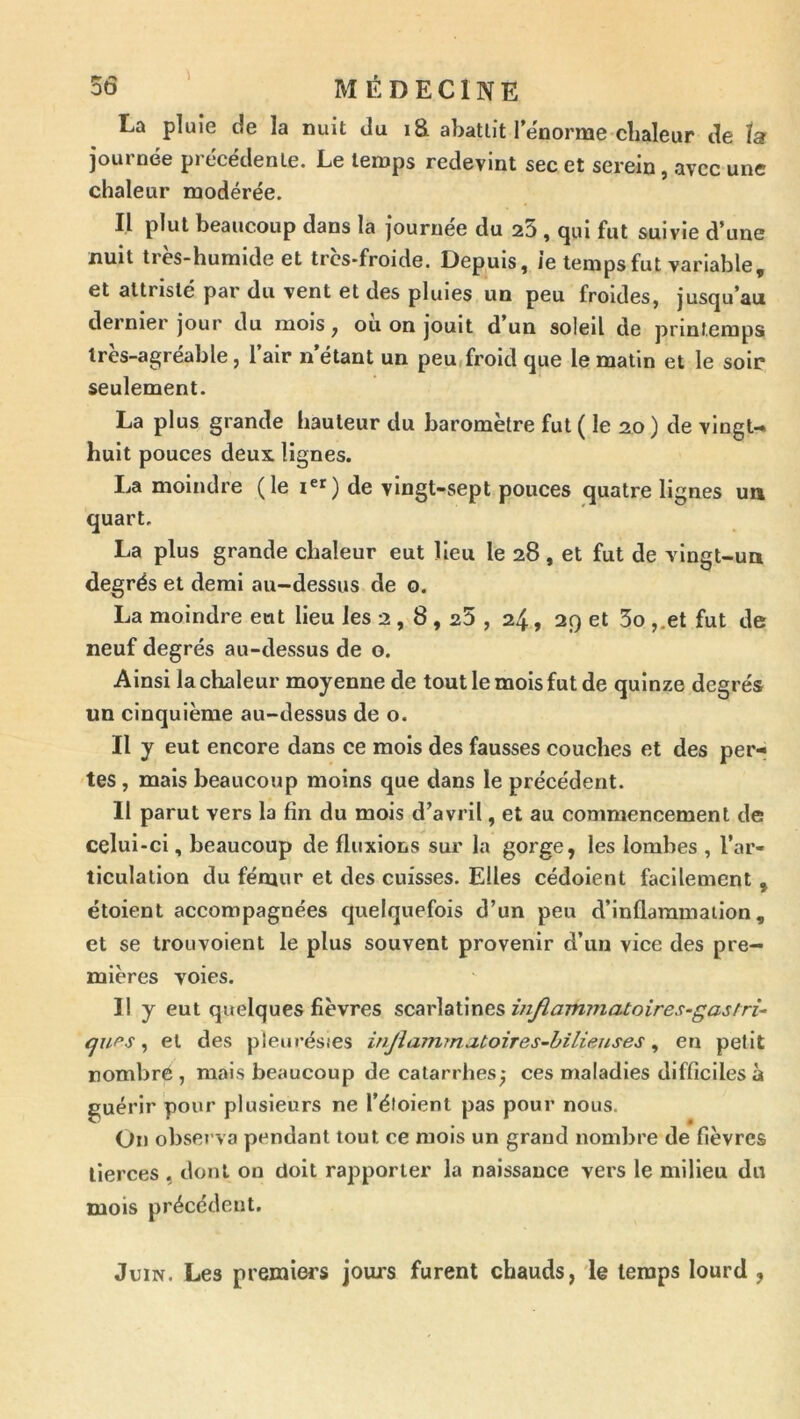 La pluie de la nuit du iS abattit l’e'norme chaleur de ta journée précédente. Le temps redevint sec et serein, avec une chaleur modérée. Il plut beaucoup dans la journée du 23, qui fut suivie d’une nuit très-humide et tres-froide. Depuis, ie temps fut variable, et attriste par du vent et des pluies un peu froides, jusqu’au dernier jour du mois, ou on jouit d un soleil de j^rintemps très-agréable, l’air n’étant un peu,froid que le matin et le soir seulement. La plus grande hauteur du baromètre fut ( le 20 ) de vingt-» huit pouces deux lignes. La moindre (le i®*) de vingt-sept pouces quatre lignes ua quart, La plus grande chaleur eut lieu le 28, et fut de vingt-ua degrés et demi au-dessus de o. La moindre eut lieu les 2,8 , a5 , 24, 2Ç) et 3o ,.et fut de neuf degrés au-dessus de o. Ainsi la chaleur moyenne de tout le mois fut de quinze degrés un cinquième au-dessus de o. Il y eut encore dans ce mois des fausses couches et des per- tes , mais beaucoup moins que dans le précédent. Il parut vers la fin du mois d’avril, et au commencement de celui-ci, beaucoup de fluxions sur la gorge, les lombes , l’ar- ticulation du fémur et des cuisses. Elles cédoient facilement, étoient accompagnées quelquefois d’un peu d’inflammation, et se trouvoient le plus souvent provenir d’un vice des pre- mières voies. Il y eut quelques fièvres scarlatines infiammatoires-gastri- qups ^ et des pleurésies injîamrnatoires-hiliejises ^ en petit nombre, mais beaucoup de catarrhes^ ces maladies difficiles à guérir pour plusieurs ne l’étoient pas pour nous. On observa pendant tout ce mois un grand nombre de fièvres tierces , dont ou doit rapporter la naissance vers le milieu du mois précédent. Juin. Les premiers jours furent chauds, ie temps lourd ,