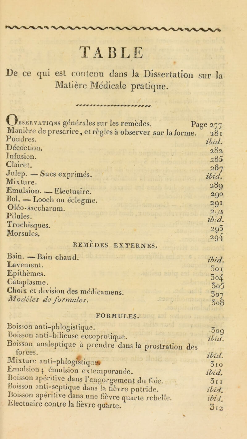 TABLE De ce qui est contenu dans la Dissertation sur la Matière Medicale pratique. Observations générales sur les remèdes. Manière de prescrire, et règles à observer sur Poudres. Décoction. Infusion. Clairet. Julep. — Sucs exprimés. Mixture. Emulsion. — Electuaire. Eol. — Looch ou éclegme. Oléo-saccliarum. Pilules. Trochlsques. Morsules. REMÈDES EXTERNES. Bain. —Bain chaud. Lavement. Epilhèmes. Cataplasme. Choix et division des médicamens. Modèles de formules. la for ’me. Page 277 281 ihid. 282 280 287 ihid. 289 ago 291 21)2 ihid. 295 29È ihid. 5oi 304 305 307 308 FORMULES. Boisson antl-phloglsllque. Boisson anli-hilleuse eccoprolique. Boisson analeptique à prendre dans la prostration des foices. Mixture anll-phîog^tiqu» Enralsion ^ émulsion extemporanée. Boisson apéritlve dans l’engorgement du foie. Buisson antl-sepllque dans la tievre putride. Boisson apérltive dans une lièvre quarte rebelle. Elecluaire contre la lièvre quîirte. 5og ihid. ihid. 5io ihid. 5i I ihid. ihid. rr 012 V