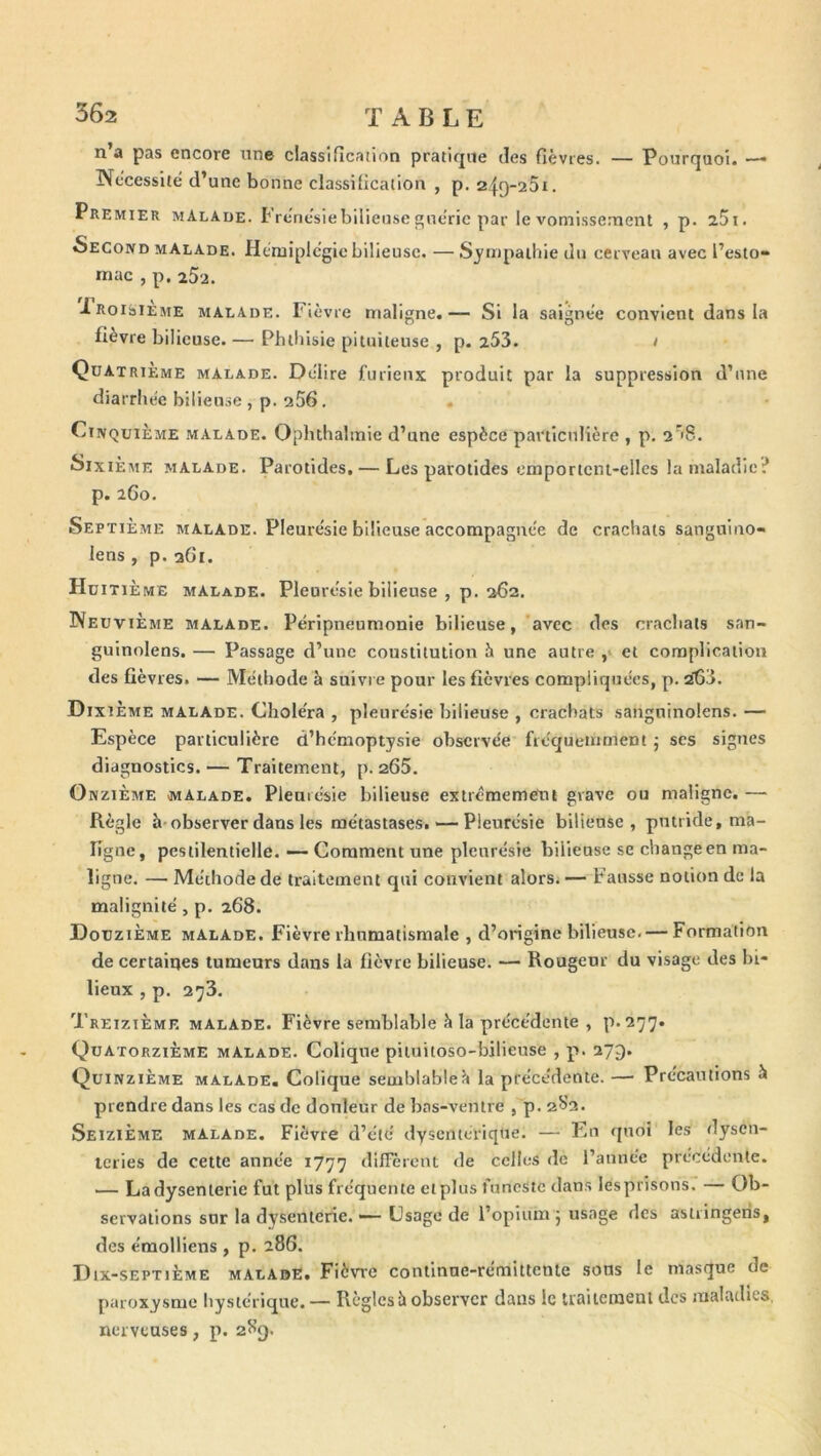 n’a pas encore une classification pratique des fièvres. — Pourquoi. — Nécessite d’une bonne classification , p. 24q-25i. Premier malade, brénésiebilieusegnéric par le vomissement , p. zSi. Second malade. Hémiplcgic bilieuse. — Sympathie du cerveau avec l’esto- mac ,p. 25a. iROibiEME malade. Fièvre maligne.— Si la saignée convient dans la fièvre bilieuse.— Phthisie pituiteuse , p. 253. / ÇüATRiEME MALADE. Délire furicux produit par la suppression d’une diarrhée bilieuse , p. 256. Cinquième malade. Opluhahnie d’une espèce particulière , p. 2^8. Sixième malade. Parotides, — Les parotides emportent-elles la maladie? p. 260. Septième malade. Pleurésie bilieuse accompagnée de crachats sanguino- lens , p. 26'i. Huitième malade. Pleurésie bilieuse , p. 262. Neuvième malade. Péripneumonie bilieuse, 'avec des crachats san- guinolens. — Passage d’une coustitulion 5 une autre et complication des fièvres. — Méthode à suivi e pour les fièvres compliquées, p. sifiJ. Dixième malade. Choléra , pleurésie bilieuse , crachats sangninolens. — Espèce particulière d’hémoptysie observée fréquemment j scs signes diagnostics. — Traitement, p. 265. Onzième malade. Pleurésie bilieuse extrêraemetii grave ou maligne. — Règle à-observer dans les métastases. ^—Pleurésie bilieuse, putride, ma- ligne, pestilentielle. ■— Gomment une pleurésie bilieuse se change en ma- ligne. — Méthode de traitement qui convient alors. — Fausse notion de la malignité, p. 268. Douzième malade. Fièvre rhnmatismale , d’origine bilieuse.— Formation de certaines tumeurs dans la fièvre bilieuse. — Rougeur du visage des bi- lieux , p. 273. Treizième malade. Fièvre semblable à la précédente , p.277. Quatorzième malade. Colique piiuitoso-bilieuse , p. 279. Quinzième malade. Colique semblable?» la précédente. — Précautions à prendre dans les cas de douleur de bas-ventre , p. 2S2. Seizième malade. Fièvre d’été dysentérique. — En quoi les dysen- teries de cette année 1777 diflîrcnt de celles de l’année précédente. — La dysenterie fut plus fréquente ciplus funeste dans lésprisons. — Ob- servations snr la dysenterie. — Usage de l’opium 5 usage des asiiingeris, des éraolliens , p. 286. Dtx-SEPTiÈME malade. Fièwc continne-rcmittcute sons le masque de paroxysme hystérique. — Règles à observer dans le traitement des maladies, nerveuses, p. 2f>g.