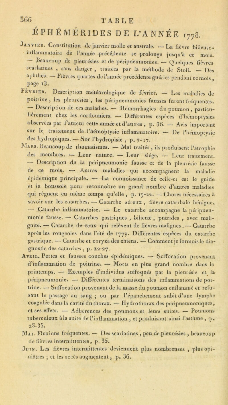 ÉPHÉMÉRIDES DE L’ANNÉE 1778. Janvier. Constitution de janvier molle et anslrale. —La fièvre biliciisc- iullaimnatoire de l’anne'e précédente se prolonge jusqu’à ce mois. Beaucoup de pleurésies et de pcripnéunionies. — Quelques fièvres scarlatmes , sans danger , traitées par la méthode de Stoll. — Des apluhes. — Fièvres quartes de l’année precedente guéries pendant ce mois, page i3. Février. Description météorologique de février. — Les maladies de poitrine , les pleurésies , les péripuenmonies fausses furent fréquentes. — Description de ces maladies. ■— Hémorrhagies du poumon , particu- lièrement chez les cordonniers. — Dififérentes espèces d’hémoptysies observées par 1 auteur celte année et d’autres , p. 3(>. — Avis important sur le, traitement de l’hémoptysie inflammatoire. — De l’hémoptysie des liydropirjues. — Sur l’hydropisie , p. 7-17. Mars. Beaucoup de ilmmatismes. — Mal traités , ils produisent l’atrophie des membres. — Leur nature. — Leur siège. — L.eur traitement. — Description de la péripneumonie fausse et de la pleuiésie fausse de ce mois. —• Autres maladies qui accompagnent la maladie épidémique principale. — La connoissance de celle-ci est le guide et la boussole pour reconnoîire un grand nombre d’autres maladies qui régnent en même temps qu’elle, p. 17-22. — Choses nécessaires à savoir sur les catarrhes. — Catarrhe séreux , fièvre catarrhale bénigue. — Catarrhe inflammatoire. — Le catarrhe accompagne la péripneu- monie fausse. — Catarrhes gastriques , bilieux , putrides , avec mali- gnité. — Catarrhe de ceux qui relèvent do fièvres malignes . — Catarrhe après les rougeoles dans l’été de 1777. Difterenles espèces du catarrhe gastrique. —Catariheet coryza des chiens. —Comment je formols le dia- gnostic des catarrhes , p. 22-27. Avril. Perles et fausses couches épidémiques. — Suffocation provenant d’inflammation de poitrine. — Morts en plus grand nombre dans le printemps. — Exemples d’individus suffoqués par la pleurésie et la péripneumonie. — Différentes terminaisons des inflammations de poi- trine. — Suffocation provenant de la masse du poumon enflammé et refu- sant le passage au sang ■ ou par l’épanchement subit d’une lymphe coagulée dans la cavité du thorax. — Hydrothorax des péripneumoniques, et ses effets. — Adhérences des poumons et leurs suites. — Poumons tuberculeux à la suite de l’inflammation , et produisant ainsi l’asthme , p. 2S-35. Mai. Fluxions fréquentes. — Des scarlatines , peu de pleurésies , beaucoup de fièvres intermittentes , p. 35. Juin. Les fièvres intermittentes deviennent plus nombreuses , plus opi- niâtres 5 et les accès augmentent, p. 36.