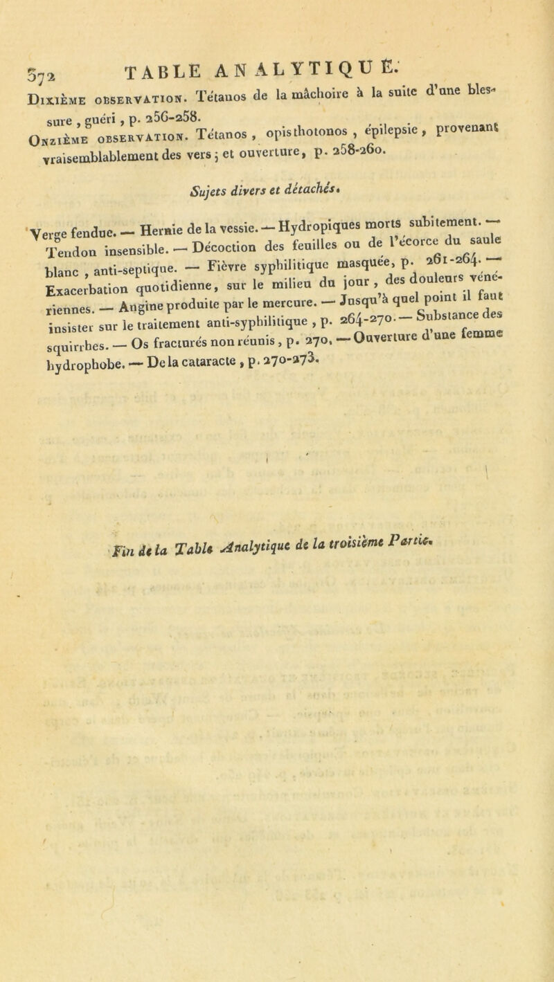 Dixième observation. Tetauos de la mâchoue à la suite d une blés- surc « cucri • p- 25G—258» ... * Onzième obseevatioi». Telanos , opUtholooos , Epilepsie, proyea.nt yraisemblablemenides vers; et ouveriaie, p. a58-20o. Sujets divers et détaches * •Verge fendue. — Heruie de la vessie. —Hydropiqaes morts subitement. — Xdon ieseoslble.-Décoction des tenilles ou de l'écoice du saule blanc , anti-septique. - Fièvre syphilitique masquée, p. 261-254. - Exacerbation quotidienne, sur le milieu du jour , des tiennes. - Angine produite par le mercure. - Jusqu insister sur le traitement anti-syphilitique , p. 264-270. Su squirrbes. - Os fracturés non réunis , p. 270. - Ouverture d une femme hydrophobe. — Delà cataracte , p. 270-273. Fin dtU TahU Analytique de la troisième Partie,