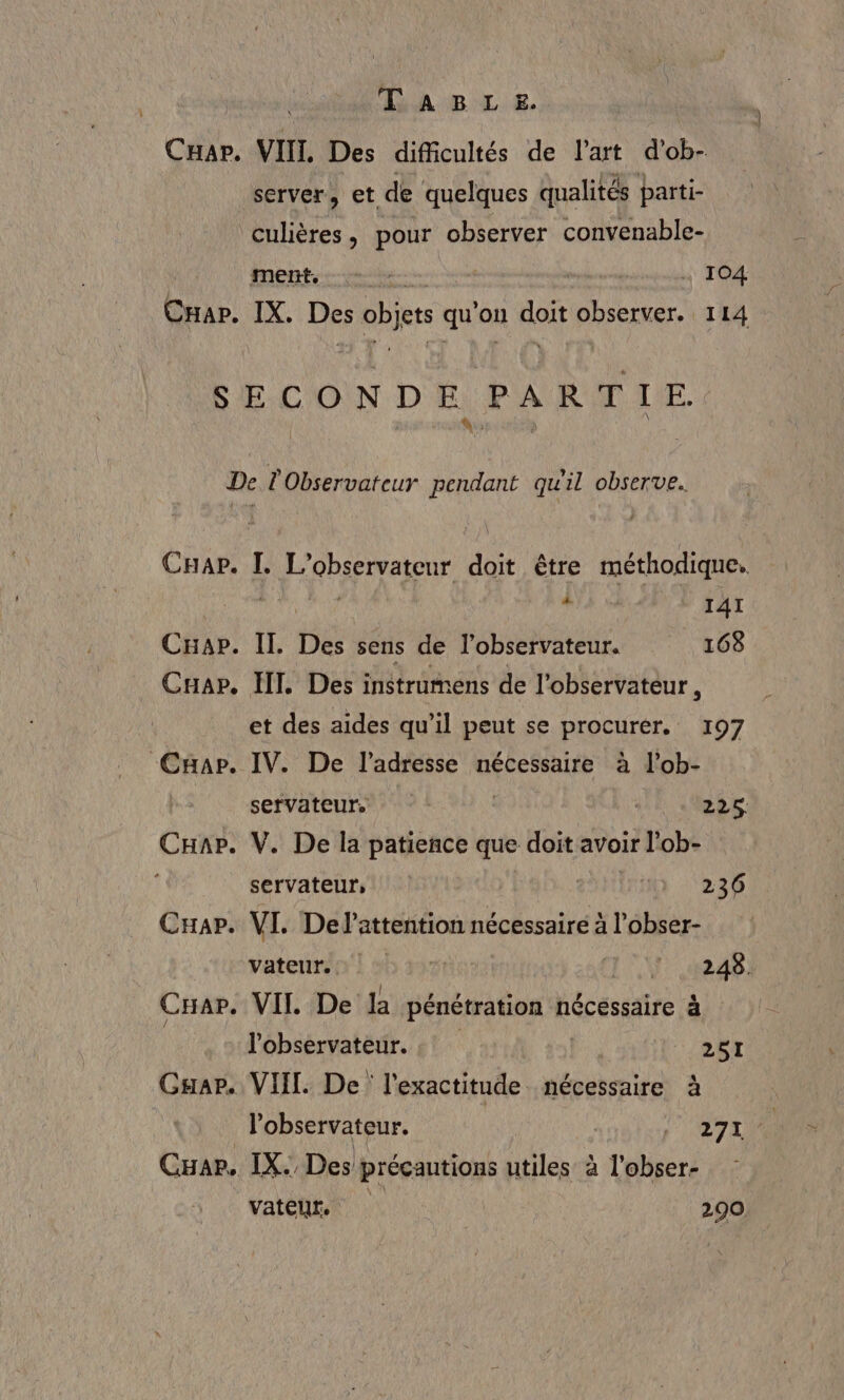 AURA NB NL €, CHar. VII Des difficultés de l’art d’ob- server, et de quelques qualités parti- culières, pour observer convenable- D a cr tte 104 Car. IX. Des objets qu'on doit observer. 114 SE:C'ON DE PARTIE. Abu De L'Observateur pendant qu'il observe. Cap. I. L’observateur doit être méthodique. Se À IAI Cap. Il. Des sens de l’observateur. 168 Cuar. HI Des instrumens de l'observateur “ et des aides qu’il peut se procurer. 197 Cap. IV. De l'adresse nécessaire à l’ob- servateurs 2256. Car. V. De la patience que doit avoir l’ob- ; servateur, | À 236 Cap. VI Delattention nécessaire à l’obser- vateur. | J' 4248! Cap. VIT De la pénétration nécessaire à l'observateur. : 251 Cuar. VII. De l'exactitude nécessaire à l'observateur. | ar CHar. IX. Des précautions utiles à l'obser- vateur. 290