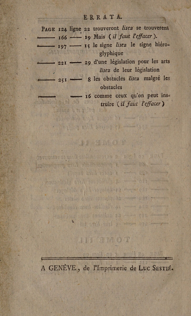 En ÉSRATA 1) PAGE 124 ligne 22 trouveront lisez se trouvetent so à— 166 Ja 19 Mais (27 faut leffacer). — e——— 197 — 15 le signe lisez le signe hiéro- at glyphique é——— 991 = 29 d'une législation pour les arts | | | lisez de leur législation é——— 251 =— 8 les obstacles lisez malgré les obstacles | Fee —— J6 comme ceux qu'on peut ins: | truire (il faut Peffacer ) A GENÈVE, de lImprimerie de Luc Sesrié.