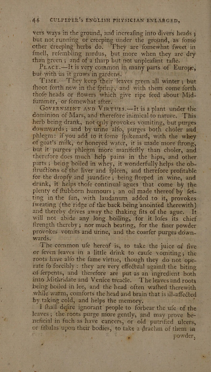 vers ways in the ground, and increafing into divers heads ; but not running or creeping under the ground, as fome ‘other creeping herbs do. “Phey are fomewhat {weet in {mell, refembling nardus, but more when they are dry than green ; and of a fharp but not unpleafant tafte. Pracr.—lIt is very common in many parts of Europe, but. with ‘us it grows in gardens! ¥ © V5) a aayoe: Time.-—‘They keep ‘their ‘leaves green.all winter ;\ but fhoot forth new in the fpring,'\and with them come forth thofe heads or flowers which give ripe feed about’ Mid- fummer,’ or fomewhat after. --’ ae ‘i GovERNMENT AND VirtTurEs.—It is a plant under the dominion of Mars, and therefore inimical to nature, This herb being drank, not only provokes vomiting, but purges downwards; and by urine alfo, purges both choler and. phlegm: if you add to it fome fpikenard, with the whey of goat’s milk, or honeyed water, it is made more ftrong, but it purges phlegm more manifeftly than choler, and therefore does much help pains in the hips, and other parts ; being boiled in whey, it wonderfully helps the ob- fiructions Gf the liver and fpleen, and therefore profitable for the dropfy and jaundice ; being fteeped in wine, and drank, it helps thofe continual agues that come by the plenty of ftubborn humours ; an oil made thereof by fet- ting inthe fun, with laudanum added to it, provokes iweating (the ridge of the back being anointed therewith) and thereby drives away the fhaking fits of the ague. It will not abide any Jong. boiling, for it lofes its chief itrength thereby ; nor much beating, for the finer powder provokes vomits and urine, and the coarfer purges: down- jwardse Biot by Qeel 1 SiGe gaa Tas The common ufe hereof is, to take the juice of five or feven leaves in a little drink to caufe vomiting ; the roots haye alfo the fame virtue, though they do not ope- rate {o forcibly : they are very effe€tual againft the biting of ferpents, and therefore are put as an ingredient both into Mituridate and Venice treacle. The leaves and roots being boiled in lee, and the head. often wafhed therewith while warm, comforts the head and brain that is ill-affected _ by taking cold, and helps the memory. - a1 I thail defire ignorant people to forbear the ufe of the Jeaves; the roots purge miore gently, and may prove beé= _ neficial in fuch as have cancers, or old putrified ulcers, or fiftalas upon their bodies, to take a drachm of theny iia i + ae powder,