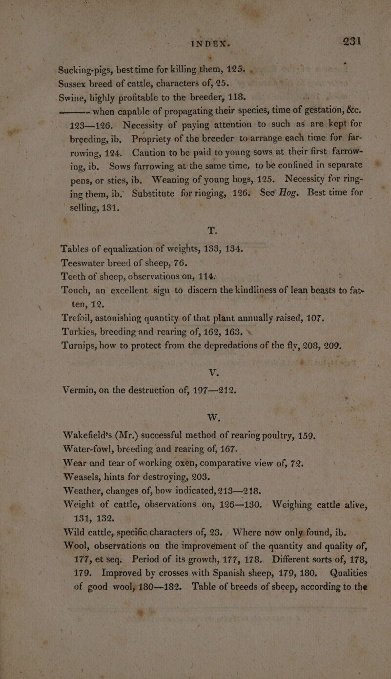 he ty INDEX. | | 3 931 Sucking-pigs, best time for killing them, 125, , | Sussex breed of cattle, characters of, 25. Swine, highly profitable to the breeder, 118. - when capable of propagating their species, time of séitiaticn; &amp;c. 123—126. Necessity of paying attention to such as are kept for breeding, ib, Propriety of the breeder to arrange each time for far- rowing, 124, Caution to he paid to young sows at their first farrow- ing, ib, Sows farrowing at! the same time, to be confined in separate pens, or sties, ib. Weaning of young hogs, 125. Necessity for ring- ing them, ib. Substitute for ringing, 126. See Hog. Best time for — selling, 131. he Tables of equalization of weights, 133, 134. Teeswater breed of sheep, 76. Teeth of sheep, observations on, 114. Touch, an excellent sign to discern the kindliness of lean beasts to fat- ten, 12. Trefoil, astonishing quantity of that plant annually baer 107. Turkies, breeding and rearing of, 162, 163. ». Turnips, how to protect from the depredations of the fly, 208, 209. - Vy Vermin, on the destruction of, 197—212. W. Wakefield’s (Mr.) successful method of rearing poultry, 159. Water-fowl, breeding and rearing of, 167. Wear and tear of working oxen, comparative view of, 72. Weasels, hints for destroying, 203. Weather, changes of, how indicated, 213—218. Weight of cattle, observations on, 126—130. Weighing cattle alive, 131, 132. Wild cattle, specific,characters of, 23. Where now only found, ib. Wool, observations on the improvement of the quantity and quality of, 177, et seq. Period of its growth, 177, 178.. Different sorts of, 178, 179. Improved by crosses with Spanish sheep, 179, 180. Qualities | of good wool, 180—182. Table of breeds of sheep, according to the -