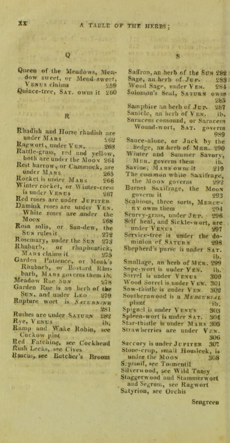Q Qureii of the Meadows, Mea- dow' sweet, or Mead swerf, Venos claims i69 Guince-tree, Sat. owns it iltiO R Rhadish and Norse rhadish are under MAHs i-tiy Ragw ort, under Ve.v. gti.'t Rattle-grass, red and vellow, both are under the AJob\ 2G4 Rest harrow, or Caminock, are under Mars 265 Rocket is under Mahs S66 M inter rocket, or Winter-cress is under Venus 261 Red roses arc under Jupiter Dainask roses are under Ven. White roses are Aimlcr the Moon- Rosa solis, or Sun-dew, the Sun rules it 27? Rosemary, under the Sun 27J Rhubarb, or rhaphoutieje, KIahs claims it 275 Carden Patience, or Monk’s Rhubarb, or Bi st.ird Khn- b.arb. Mars goserns them ih. IMcadow Rue Son 27S Garden Rue is an herb of tbe Sun. and under I.ko 279 Rupture w^irt is H.itv itx ikk ?S1 Rushes are umlcr Satur,n 5s82 Rye, Venus ih. Ramp and W.ake Robin, si>c Cuckow pint Red Fatchiiitf, see Cockbead Kush Lt'cks, Upscus, see Rutchcr's lirooui S Saffron, an herb of the Sun 282 Sage, an herb ofJup. 2SS Wood Sage, under Yen. 284 Solomon’s Seal, Saturn own? 2fe5 Samphire an herb of Jup. 2S7 Saniclc, an herb of Ven. ib. Saracens consound, or Saracens Wound-wort, Sat. governs 989 Sauce-alone, or .Jack by the hedge, an herb of Mer. 290 W inter and Summer Savory, Mer. geverns them ib. Savine, Mars owns it 219 The common white Saxifrage, the Moon governs 292 Burnet Saxifrage, the Moon govcriu it 293 Scabious, three sorts, Meucu- RV owns them 294 Scurvy-gmss, under Jup. 296 Self heal, and Sickle-wort, are under V’evus 297 Service-tree is under the do- minion of Saturn 298 Shepherd s purse it under Sat. ib. Smallage, an herb of Mer. 299 Sopc-wort is under Ven. ib. Soirel is under Venus .800 Wood Sorrel is under V kn. 301 Sow-thistle is under Ven 302 Soulheniwaod is a Mf.ncvKiAL plant ii,. Spign d is under V'knus SO.3 Spleen-wort it under Sat. 304 Star-thistlc is under Mars 305 Siiawherries are under V'en. 300 Succory is under Jupiter 307 Stone-crop, small Housleek, is under the Moon 308 S.'pisoit, see Toimcntil Silverwood, tee W ild Tansy Staggerwood and Stammerwort and Segrum, see Ragwort Satyriou, see Orchis Sengreeu