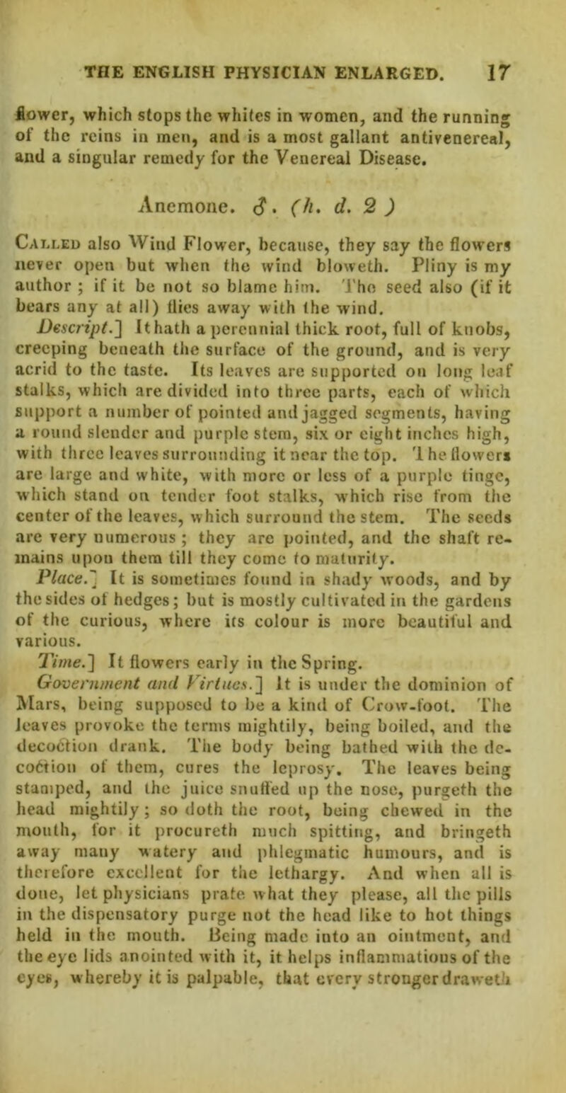 fiower, which stops the whites in women, and the running of the reins in men, and is a most gallant antivenereal, and a singular remedy for the Venereal Disease. Anemone. ^. (h. d. 2 ) Cai.lei) also Wind Flower, because, they say the flowers never open but when the wind bloweth. Pliny is my author ; if it be not so blame him. 'j’ho seed also (if it bears any at all) flies away with (he wind. Descript.'] It hath a perennial thick root, full of knobs, creeping beneath the surface of the ground, and is very acrid to the taste. Its leaves are supported on long leaf stalks, which are divided into three parts, each of whicli support a number of pointed and jagged segments, having a round slender and purple stem, six or eight inches high, with three leaves surrounding it near the top. '1 he Iloweri are large and white, with more or less of a purple tinge, which stand on tender foot stalks, which rise from the center of the leaves, w hich surround the stem. The seeds are very numerous ; they arc {minted, and the shaft re- mains upon them till they come to maturity. Place.. It is sometimes found in shady woods, and by the sides ot hedges; but is mostly cultivated in the gardens of the curious, where its colour is more beautiful and various. I'ime.] It flowers early in the Spring. Government and Virtues.] it is under the dominion of Mars, being supposed to be a kind of (Jrow-foot. The leaves provoke the terms mightily, being boiled, and the decoction drank. The body being bathed with the dc- cottion of them, cures the lci)rosy. The leaves being stamped, and the juice snufted up the nose, purgeth the head mightily; so doth the root, being chewed in the mouth, for it })rocureth nnich spitting, and bringeth away many watery and phlegmatic humours, and is therefore excellent for the lethargy. And when all is done, let physicians prate w hat they please, all the pills in the dispensatory purge not the head like to hot things held in the mouth. Being made into an ointment, and the eye lids anointed with it, it helps inflamnjations of the eyes, w hereby it is palpable, that every stronger draweth