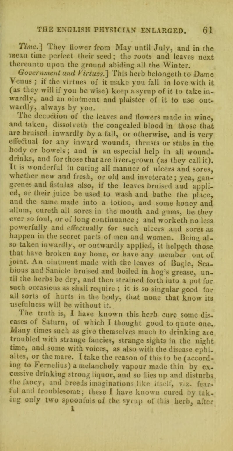 TV/Me.] They flower from May until July, and in the mean time pcrlect their seed; the roots and leaves next thereunto upon the ground abiding all the Winter. Government and yirtussJ] This herb belongeth to Dame Venus ; if the virtues of it make you fall in love with it (as they will it you be wise) kee|) a syrup of it to take in- wardly, and an ointment and plaister of it to use out- wardly, always bv you. Ihe decoction of the leaves and flowers made in wine, and taken, dissolveth the congealed blood in those that are bruisetl inwardly by a fall, or otherwise, and is very efle6tual tor any inward wounds, thrusts or stabs in the body or bow^els; and is an especial help in all wound- drinks, and for those that are liver-grown (as they call it). It is wonderful in curing all manner of ulcers and sores, whetlier new and fresh, or old and inveterate; yea, gan- grenes and fistulas also, it the leaves bruised and appli- ed, or their juice be used to wash and bathe the place, and the same made into a lotion, and some honey and alliim, curcth all sores in the mouth and gums, be they ever so foul, or of long continuance ; and worketh no less powerfully and eflectuaJly for such ulcers and sores as happen in the secret parts of men and women. Being al- so taken inwardly, or outwardly a[)plied, it helpeth those that have broken any bone, or have any membe'r out of joint. An ointment made with the leaves of Bugle, Sca- bious and Sanicle bruised and boiled in hog’s grease, un- til the herbs be dry, and then strained forth into a pot for such occasions as shall reipiire ; it is so singular good for all sorts of hurts in the body, that none that know its usefulness will be without it. Ihe truth is, I have known this herb cure some dis- eases of Saturn, of which J thought good to quote one. Many times such as give themselves much to drinking arc troubled with strange fancies, strange sights in the night time, and some with voices, as also with the disease ephi- altes, or the mare. I take the reason of this to be (accord- ing to I'ernelius) a melancholy vapour made thin by ex- cessive drinking strong liquor, and so flies up and disturbs, the fancy, and breeds imaginations like itself, viz. fear- ful and troublesome; these I have known cured by tak- ing only two spoonfuls of the syrup of this herb, after