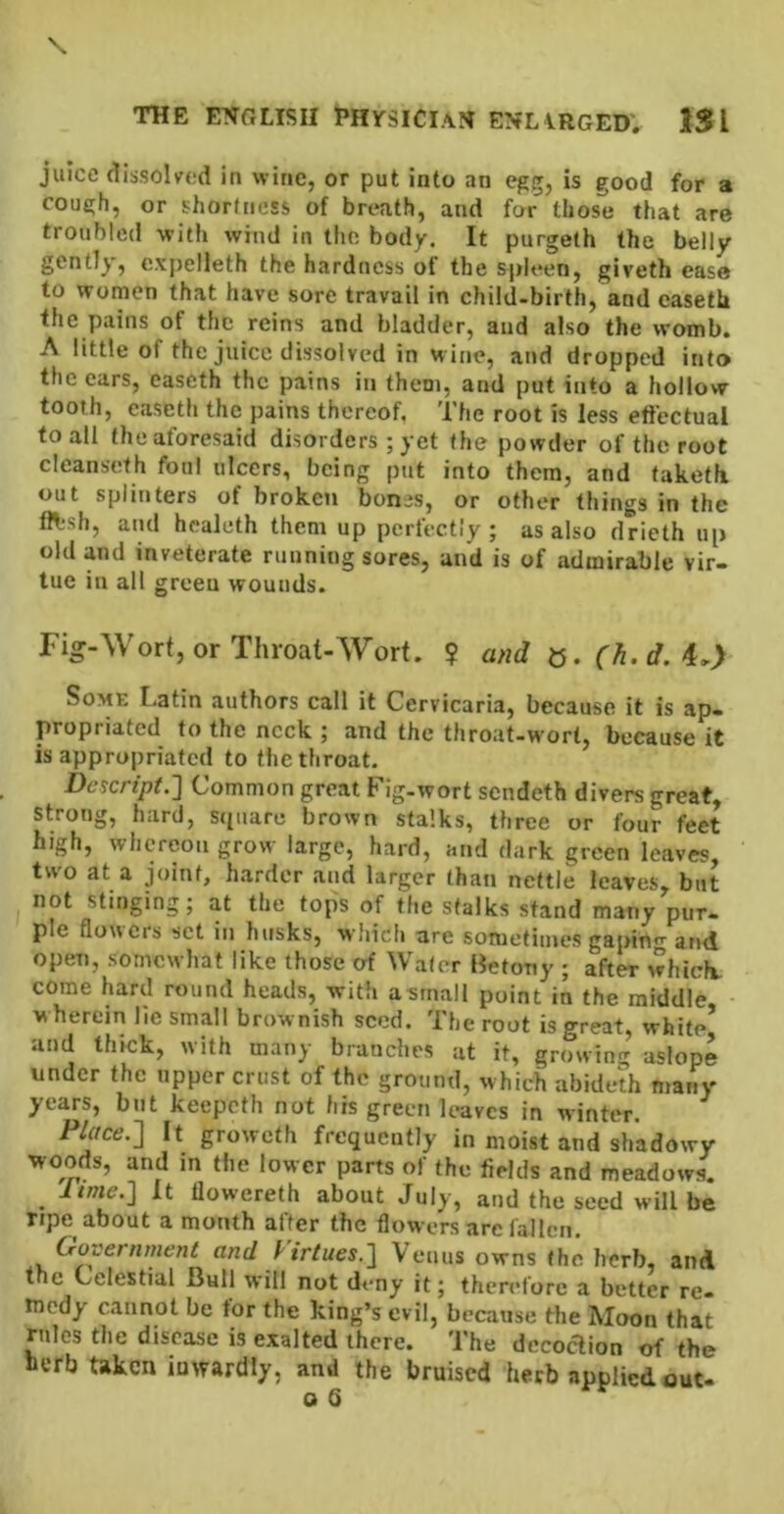 juice dissolved in wine, or put into an egg, is good for a cough, or shorfncss of breath, and for those that are troubled witli wind in the body. It purgeth the belly gently, cxpelleth the hardness of the si)leen, giveth ease to women that have sore travail in child-birth, and easetli the pains of the reins and bladder, and also the womb. A little of the juice dissolved in w ine, and dropped into the cars, easeth the pains in them, and put into a hollow- tooth, easeth the pains thereof. The root is less effectual to all the aforesaid disorders ; yet the powder of the root cleansefh foul ulcers, being put into them, and taketfi out splinters of broken bonjs, or other things in the fff-sh, and healeth them up perfectly; as also cirieth up old and inveterate running sores, and is of admirable vir- tue in all greeu wounds. Fig-Wort, or Throat-Wort. $ and «. (h.d.i.) Some Latin authors call it Cervicaria, because it is ap- propriated to the neck ; and the throat-wort, because it is appropriated to the throat. DcKript.'] Common great Fig-wort sendeth divers great, strong, hard, square brown stalks, three or four feet high, whereon grow large, hard, and dark green leaves, two at a joint, harder and larger than nettle leaves, but not stinging; at the tops of the stalks stand many pur- ple flowers set in husks, which are sometimes gapin^’-ainl open, somewhat like those erf Water Betony ; after which, come hard round heads, with a small point in the middle- w herein he small brow nish seed. The root is great, white and thick, with many branches at it, growing aslope under the upper crust of the ground, which abideth many years, but keepeth not his green leaves in winter. Place.'] It groweth frequently in moist and shadowy woods, and in the lower parts of the fields and meadows. hme.] It llowereth about July, and the seed will be ripe about a month after the flowers arc fallen. Government and Pirtues.] Venus owns the herb, and the Celestial Bull will not deny it; therefore a better re- medy cannot be tor the king’s evil, because the Moon that rules the disease is exalted there. The decoction of the herb taken inwardly, ami the bruised herb applied out- o 6