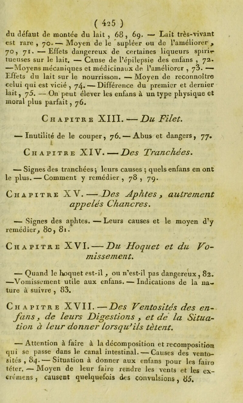 ( 4o5 ) du défaut de montée du lait , 68 ) 69. — Lait très-vivant est rare , 70. — Moyen de le supléer ou de l’améliorer , 70, 71. “—Effets dangereux de certaines liqueurs spirir tueuses sur le lait. — Cause de l’épilepsie des enfans , 72. —Moyens mécaniques et médicinaux de l’améliorer , y3. — Effets du lait sur le nourrisson. — Moyen de reconnoître celui qui est vicié , 74. — Différence du premier et dernier lait, 75. — On peut élever les enfans à un type physique et moral plus parfait, 76. Chapitre XIII.—Du Filet. — Inutilité de le couper, 76. — Abus et dangers, 77. Chapitre XIV.—Des Tranchées. '— Signes des tranchées*, leurs causes 5 quels enfans en ont le plus. — Comment y remédier, 78, 79. Chapitre XV. — Des Aphtes, autrement appelés Chancres. — Signes des aphtes. — Leurs causes et le moyen d’y remédier, 80, 81 • Chapitre XVI. — Du Hoquet et du Vo- missement. — Quand le hoquet est-il , ou n’est-il pas dangereux , 82. —Vomissement utile aux enfans. — Indications de la na- ture à suivre , 83. Chapitre XVII. — Des Ventosités des en- fans , de leurs Digestions , et de' la Situa- tion à leur donner lorsqu'ils tètent. — Attention à faire à la décomposition et recomposition qui se passe dans le canal intestinal. — Causes des vento- sités, 84. — Situation à donner aux enfans pour les faire téter. — Moyen de leur laire rendre les vents et les ex- crémens , causent quelquefois des convulsions , 85.