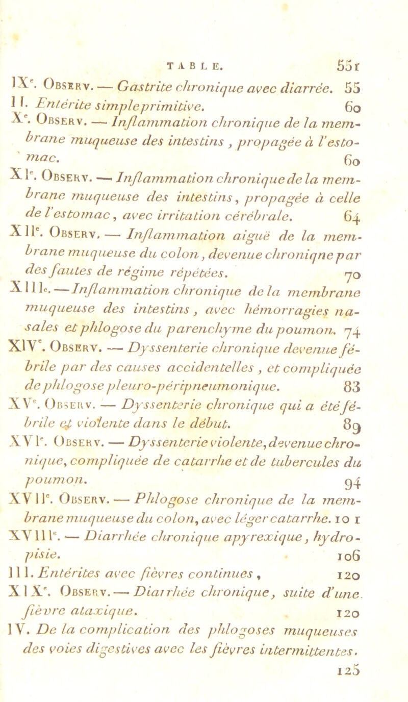 IX. Observ. — Gastrite chronique avec cliarrée. 55 II. Entérite s impie primitive. 6o X'. Observ. — Inflammation chronique de la mem^ brane muqueuse des intestins , propagée à l’esto- \ wûc. 6o Xl'. Observ. Inflammation chronique delà mem- brane muqueuse des intestins, propagée à celle delestojnac, avec irritation cérébrale. 64 Xll'. Observ. — Inflammation aiguë de la mem- brane muqueuse du colon, devenue chronique par des fautes de régime répétées. rjo X11 le. Inflammation chronique de la membrane muqueuse des intestins, avec hémorragies na- sales etphlogosedu parenchyme du poumon. 74 XIY . Observ. — Dyssenterie chronique devenue fé- brile par des causes accidentelles , et compliquée de phlogose pleuro-péripneumonique. 83 XV'. Observ. — Dyssenterie chronique qui a été fé- brile cj, violente dans le début. 89 X\ 1'. Observ. — Dyssenterie violente,devenue chro- nique, compliquée de catarrhe et de tubercules du. poumon. g4 XV 11'. Observ. — Phlogose chronique de la mem- brane muqueuse du colon, avec léger catarrhe. 10 i XY111'.'— Diarrhée chronique apyrexique, hydro- pisie. 106 III. Entérites avec fièvres continues , i2o XIX'. Observ. — Diairhée chronique, suite d’une. fièvre ataxique. 120 . De la complication des phlogoses muqueuses des voies digestives avec les fièvres intermittentes. 125