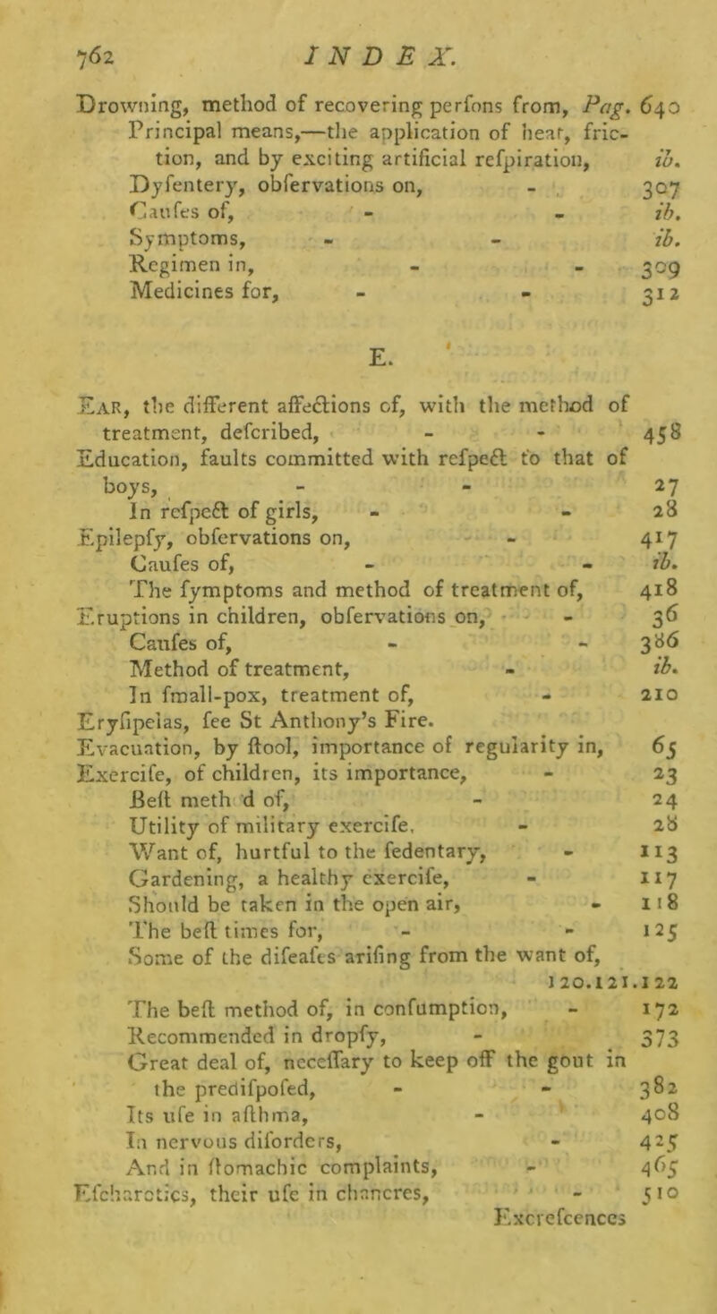 Drowning, method of recovering perfons from, Pag. 640 Principal means,—the application of hear, fric- tion, and by exciting artificial refpiration, w. Dyfentery, obfervations on, - 307 Caufes of, - - ih. Symptoms, - - id. Regimen in, - - 309 Medicines for, - - 31 z E. Ear, the dllFerent affeftions of, with the method of treatment, defcribed, - - 458 Education, faults committed with refpeft to that of boys, - - 27 In rcfpcft of girls, - - 28 Epllepfy, obfervations on, - 417 Caufes of, - - jd. The fymptoms and method of treatment of, 418 Eruptions in children, obfervations on, - 36 Caufes of, - - 386 Method of treatment, - id. In fmall-pox, treatment of, - 210 Eryfipelas, fee St Anthony’s Fire. Evacuation, by ftool, importance of regularity in, 65 Exercife, of children, its importance, - 23 Belt meth d of, - 24 Utility of military exercife. - 28 Want of, hurtful to the fedentary, - 113 Gardening, a healthy exercife, - 117 Should be taken in the open air, - 118 The belt times for, - - 125 Some of the difeafts arifing from the want of, 1 20.121.1 22 The bed method of, in confumption, - 172 Recommended in dropfy, - 373 Great deal of, necelTary to keep olF the gout in the preclifpofed, - - 382 Its life in aflhma, - 408 In nervous diforders, - 4^5 And in domachic complaints, - 465 Elcharctics, their ufe in chancres, - 510 Kxcrefcenccs