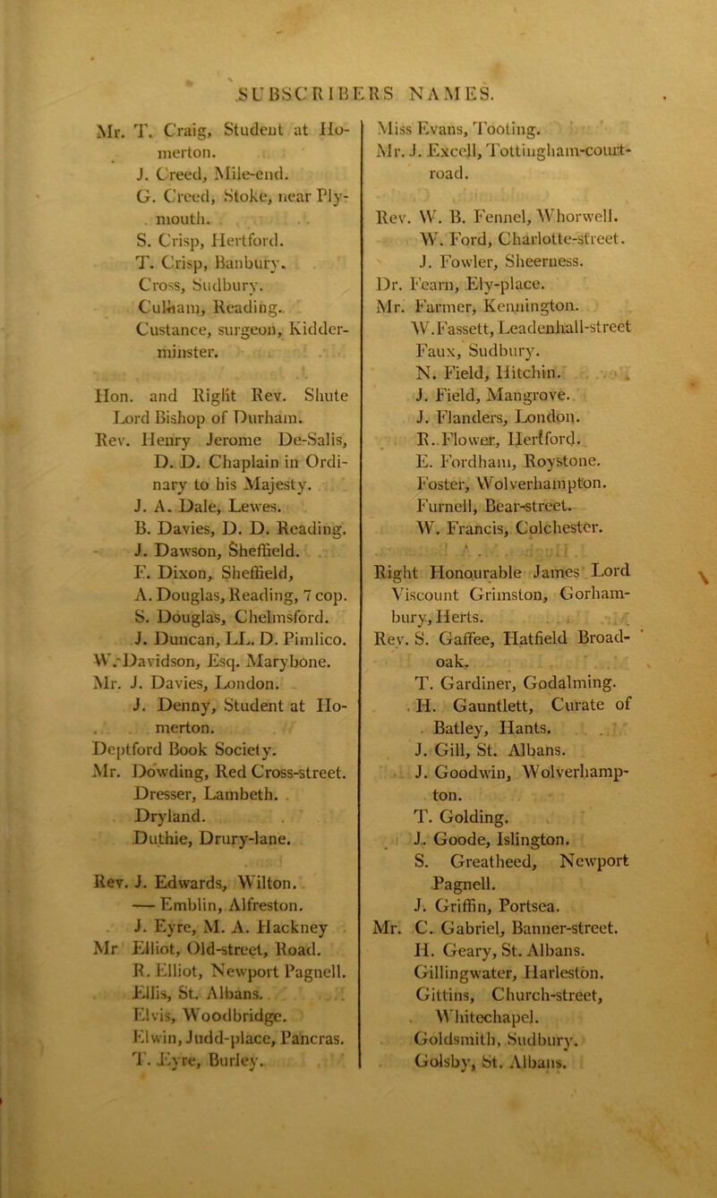 Mr. T. Craig, Student at Ho- merton. J. Creed, Mile-end. G. Creed, Stoke, near Ply- mouth. S. Crisp, Hertford. T. Crisp, Banbury. Cross, Sudbury. Cul-ham, Reading. Custance, surgeon, Kidder- minster. lion, and Right Rev. Shute Lord Bishop of Durham. Rev. Henry Jerome De-Sal is, D. D. Chaplain in Ordi- nary to his Majesty. J. A. Dale, Lewes. B. Davies, D. D. Reading. J. Dawson, Sheffield. F. Dixon, Sheffield, A. Douglas, Reading, 7 cop. S. Douglas, Chelmsford. J. Duncan, LL. D. Pimlico. W.'Davidson, Escp Marybone. Mr. J. Davies, London. J. Denny, Student at IIo- merton. Deptford Book Society. Mr. Dowding, Red Cross-street. Dresser, Lambeth. Dryland. Duthie, Drury-lane. Rev. J. Edwards, Wilton. — Emblin, Alfreston. J. Eyre, M. A. Hackney Mr Elliot, Old-street, Road. R. Elliot, Newport Pagnell. Ellis, St. Albans. Elvis, Wood bridge. Elwin, Judd-place, Pancras. T. Eyre, Burley. Miss Evans, looting. Mr. J. Excell, Tottingham-court- road. Rev. W. B. Fennel, Whorwell. W. Ford, Charlotte-street. J. Fowler, Sheerness. Dr. Fearn, Ely-place. Mr. Farmer, Kennington. W.Fassett, Leadenhall-street Faux, Sudbury. N. Field, liitchin. J. Field, Mangrove. J. Flanders, London. R. Flo wer, IJ erf ford • E. Fordham, Roystone. Foster, Wolverhampton. Furnell, Bear-street. W. Francis, Colchester. • f a i r.I '• Right Honourable James Lord Viscount Grimston, Gorham- bury, Herts. Rev. S. Gaffee, Hatfield Broad- oak. T. Gardiner, Godaiming. H. Gauntlett, Curate of Batley, Hants. J. Gill, St. Albans. J. Goodwin, Wolverhamp- ton. T. Golding. J. Goode, Islington. S. Greatheed, Newport Pagnell. J. Griffin, Portsea. Mr. C. Gabriel, Banner-street. H. Geary, St. Albans. Gillingwater, Harleston. Gittins, Church-street, Whitechapel. Goldsmith, Sudbury. Golsby, St. Albans.