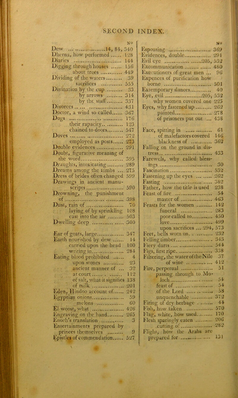 * No Dew 14, 84,340 Dherna, how performed 1-28 Diaries 144 Digging through houses 156 about trees 449 Dividing of the waters 39 sacrifices 555 Divination by the cup 33 by arrows 314 by the. staff 337 Divorces.. 431 Doctor, a wind so called 367 Dogs 176 their rapacity 123 chained to doors 547 Doves 272 employed as posts 273 Double evidences 291 Doubt, figurative meaning of the word 395 Draughts, intoxicating 289 Dreams among the tombs ... 275 Dress of brides often changed 599 Drawings in ancient manu- scripts... 590 Drowning, the punishment of 398 Dust, rain of 70 laying of by sprinkling 108 cast into the air 503 Dwelling deep 300 Ear of goats, large 347 Earth nourished by dew 14 carried upon the head 100 writing in 284 Eating blood prohibited 4 upon stones 23 ancient manner of ... 32 at court 112 of salt, what it signifies 138 of milk 201 Eden, Hindoo account of 242 Egyptian onions 59 melons 60 El woost, what 426 Engraving on the.hand 265 Enoch’s translation 3 Entertainments prepared by princes themselves 9 Epistles of commendation 527 no Espousing 369 Evidences, double 291 Evil eye 205, 532 Excommunication 480 Executioners of great men ... 96 Expences of purification how borne 501 Extemporary dances 40 Eye, evil 205, 532 why women covered one 225 Eyes, why fastened up 262 painted 278 of prisoners put out ... 438 Face, spitting in 61 . of malefactors covered 146 blackness of 362 Falling on the ground in dis- tress 433 Farewels, why called bless- ings 30 Fascination 532 Fastening up the eyes 262 Fasting 382 Father, how the title is used 238 Feast of fire 54 master of 463 Feasts for the women 142 funeral 283 poor called to 450 love 499 upon sacrifices ... 294, 573 Feet, bells worn on 232 Felling timber 343 Fiery darts 544 Figs, first ripe 338 Filtering, the water of the Nile 37 of wine . ... 412 Fire, perpetual 51 passing through to Mo- loch 54 feast of 54 of the IjDrd 58 (.mcjuenchable 372 Firing of dry herbage 44 Fish, how taken 570 Flag, white, how used 170 Flesh sparingly eaten 206 .cutting.of. 282 Flight, how the Arabs are prepared for 131