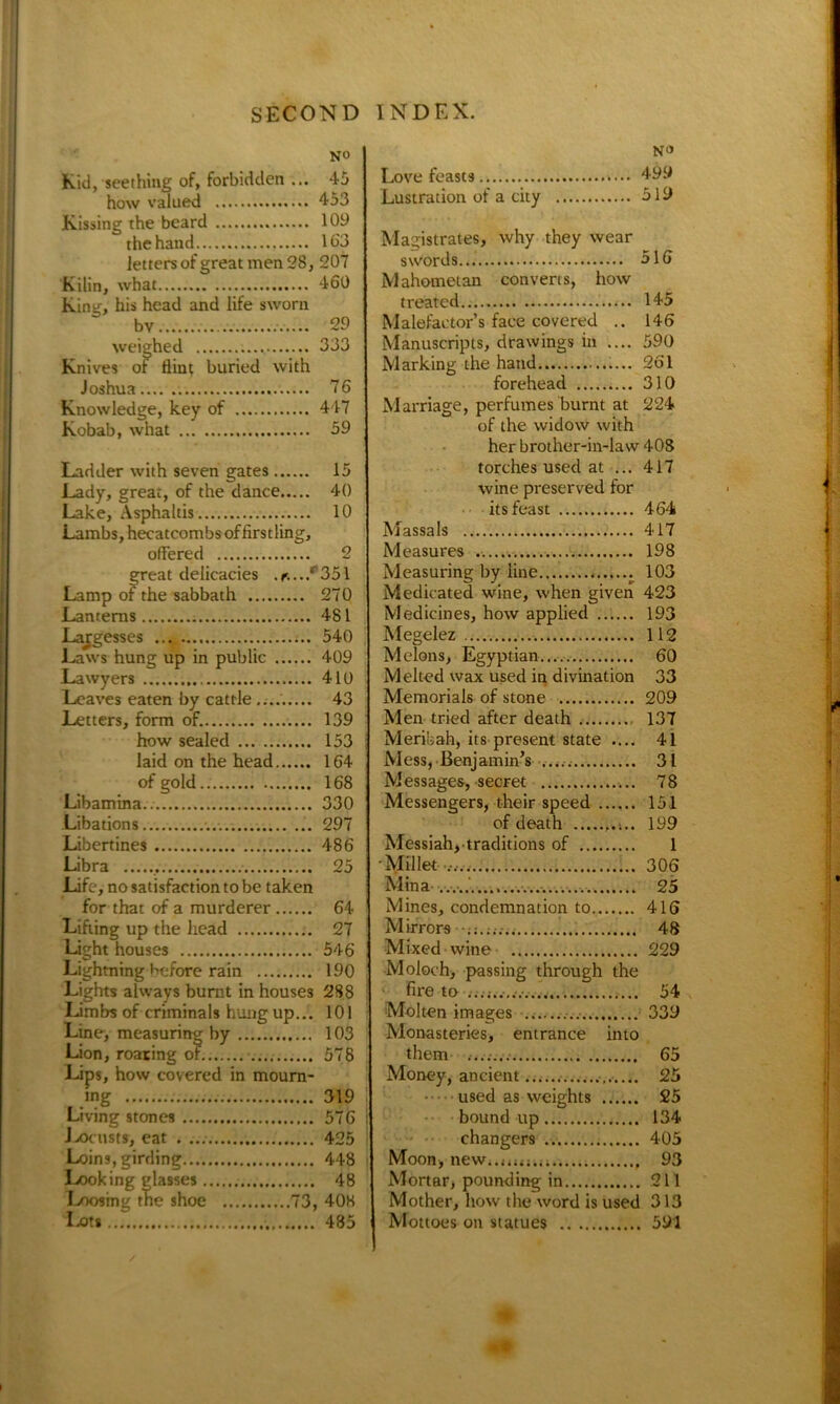 NO Kid, seething of, forbidden ... 45 how valued 453 Kissing the beard 109 the hand 163 letters of great men 28, 207 Kilin, what 460 King, his head and life sworn bv 29 weighed 333 Knives of flint buried with Joshua 76 Knowledge, key of 447 Kobab, what 59 Ladder with seven gates 15 Lady, great, of the dance 40 Lake, Asphaltis 10 Lambs, heeatcombs of first ling, offered 2 great delicacies .*...r351 Lamp of the sabbath 270 Lanterns 481 Largesses 540 Laws hung up in public 409 Lawyers 410 Leaves eaten by cattle 43 Letters, form of. 139 how sealed 153 laid on the head 164 of gold.. 168 Libamina.. 330 Libations 297 Libertines 486 Libra 25 Life, no satisfaction to be taken for that of a murderer 64 Lifting up the head 27 Light houses 546 Lightning before rain 190 Lights always burnt in houses 288 Limbs of criminals hung up... 101 Line, measuring by 103 Lion, roating of. 578 Lips, how covered in mourn- ing 319 Living stones 576 Jxicusts, eat . 425 Loins, girding 448 Looking glasses 48 Loosing the shoe 73, 408 Lots 485 NO Love feasts 499 Lustration of a city 519 Magistrates, why they wear swords 516 Mahometan converts, how treated 145 Malefactor’s face covered .. 146 Manuscripts, drawings in .... 590 Marking the hand 261 forehead 310 Marriage, perfumes burnt at 224 of the widow with her brother-in-law 408 torches used at ... 417 wine preserved for its feast 464 Massals 417 Measures 198 Measuring by line 103 Medicated wine, when given 423 Medicines, how applied 193 Megelez 112 Melons, Egyptian 60 Melted wax used in divination 33 Memorials of stone 209 Men tried after death 137 Merikah, its present state .... 41 Mess, Benjamin’s 31 Messages, secret 78 Messengers, their speed 151 of death 199 Messiah, traditions of 1 Millet ,,. 306 Mina 25 Mines, condemnation to 416 Mirrors ;;... 48 Mixed wine 229 Moloch, passing through the fire to 54 Molten images 339 Monasteries, entrance into them 65 Money, ancient 25 used as weights 25 bound up 134 changers 405 Moon, new..iu.;..; 93 Mortar, pounding in 211 Mother, how the word is used 313 Mottoes on statues 591