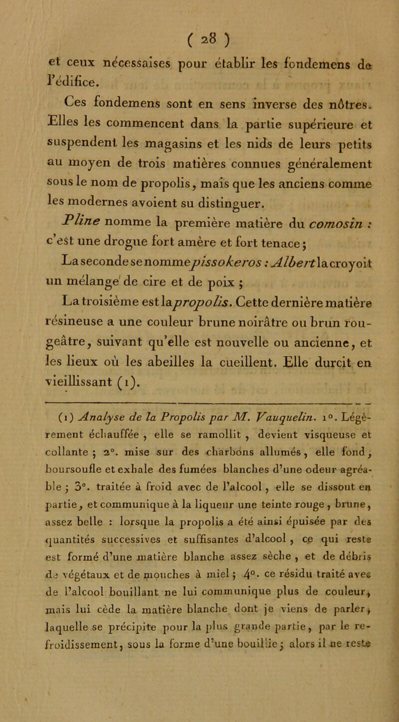 ( ^ ) et ceux nécessaises pour établir les fondemens de l’édifice. Ces fondemens sont en sens inverse des nôtres. Elles les commencent dans la partie supérieure et suspendent les magasins et les nids de leurs petits au moyen de trois matières connues généralement sous le nom de propolis, mais que les anciens comme les modernes avoient su distinguer. Pline nomme la première matière du comosin : c’est une drogue fort amère et fort tenace ; La seconde se nommepissokeros : Albert la croy oit un mélange de cire et de poix ; La troisième est lapropolis. Cette dernière matière résineuse a une couleur brune noirâtre ou brun rou- geâtre, suivant qu’elle est nouvelle ou ancienne, et les lieux où les abeilles la cueillent. Elle durcit en vieillissant (1). (1) Analyse de la Propolis par M. Vauquelin. i°. Légè- rement échauffée , elle se ramollit , devient visqueuse et collante; 2°. mise sur des charbons allumés, elle fond, boursoufle et exhale des fumées blanches d’une odeur agréa- ble ; 3°. traitée à froid avec de l’alcool, elle se dissout en partie, et communique à la liqueur une teinte rouge , brune, assez belle : lorsque la propolis a été ainsi épuisée par des quantités successives et suffisantes d’alcool , ce qui reste est formé d’une matière blanche assez sèche , et de débris de végétaux et de mouches à miel ; 4°- ce résidu traité avec de l’alcool bouillant ne lui communique plus de couleur, mais lui cède la matière blanche dont je viens de parler> laquelle se précipite pour la plus grande partie, par le re- froidissement, sous la forme d’une bouillie; alors il ne reste