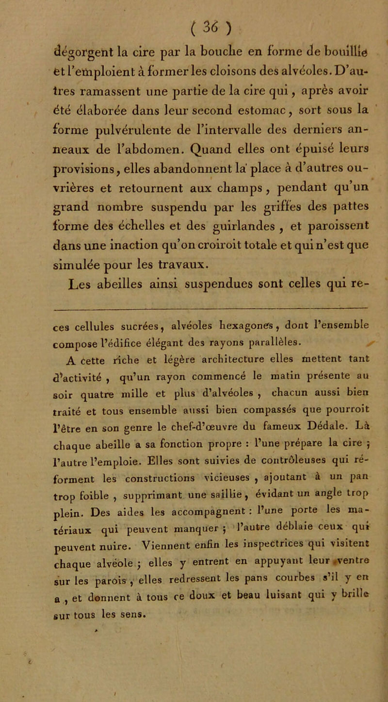 dégorgent la cire par la bouche en forme de boüitlié fet l’eüiploient à former les cloisons des alvéoles. D’au- tres ramassent une partie de la cire qui, après avoir été élaborée dans leur second estomac, sort sous la forme pulvérulente de l’intervalle des derniers an- neaux de l’abdomen. Quand elles ont épuisé leurs provisions, elles abandonnent la place à d’autres ou- vrières et retournent aux champs , pendant qu’un grand nombre suspendu par les griffes des pattes forme des échelles et des guirlandes , et paroissent dans une inaction qu’on croiroit totale et qui n’est que simulée pour les travaux. Les abeilles ainsi suspendues sont celles qui re- ces cellules sucrées, alvéoles hexagoners, dont l’ensemble compose l’édifice élégant des rayons parallèles. A cette riche et légère architecture elles mettent tant d'activité , qu’un rayon commencé le matin présente au soir quatre mille et plus d’alvéoles , chacun aussi bien traité et tous ensemble aussi bien compassés que pourroit l’être en son genre le chef-d’œuvre du fameux Dédale. Là chaque abeille a sa fonction propre : l’une prépare la cire ; l’autre l’emploie. Elles sont suivies de contrôleuses qui ré- forment les constructions vicieuses , ajoutant à un pan trop foible , supprimant une saillie, évidant un angle trop plein. Des aides les accompagnent : l’une porte les ma- tériaux qui peuvent manquer ; l’autre déblaie ceux qui peuvent nuire. Viennent enfin les inspectrices qui visitent chaque alvéole ; elles y entrent en appuyant leur .ventre sur les parois , elles redressent les pans courbes s’il y en a , et donnent à tous ce doux et beau luisant qui y brille sur tous les sens.